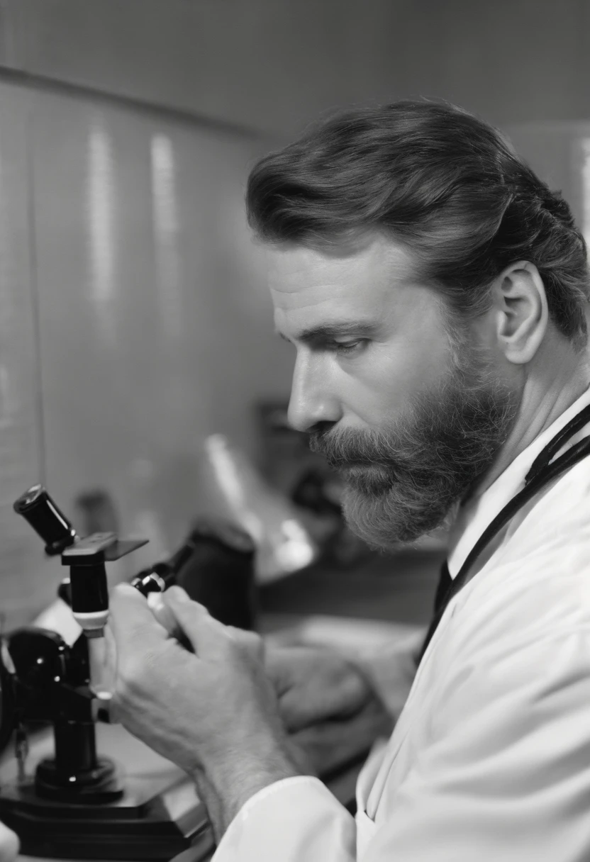 A photo of Dr. Richard Kimble meticulously examining a fingerprint under a microscope,The Fugitive (1993),While on the run, Dr. Richard Kimble’s appearance is that of a man trying to blend in and avoid attention. He often appears disheveled, with a growing beard and unkempt hair, reflecting his life as a fugitive., male