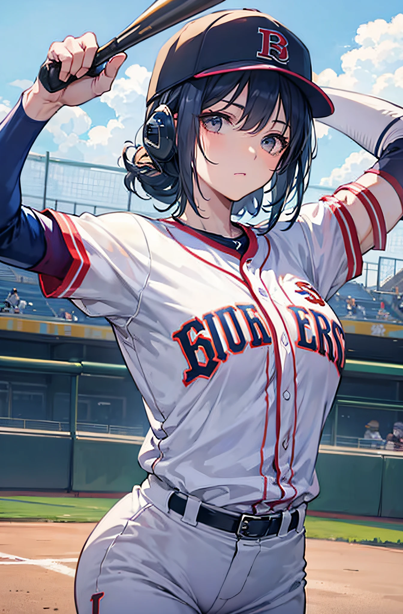 baseball scene.medium breasts.Portrait.Baseball bat.baseball player in uniform.(Arm sleeve)