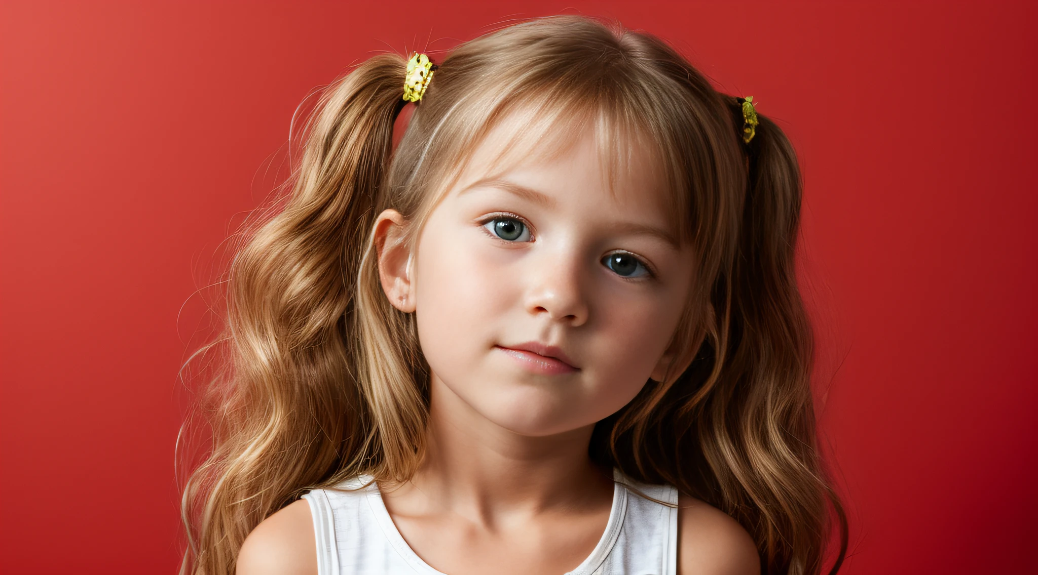 HALO NO LASER, CHILD GIRL BLONDE LONG HAIR, fundo vermelho,