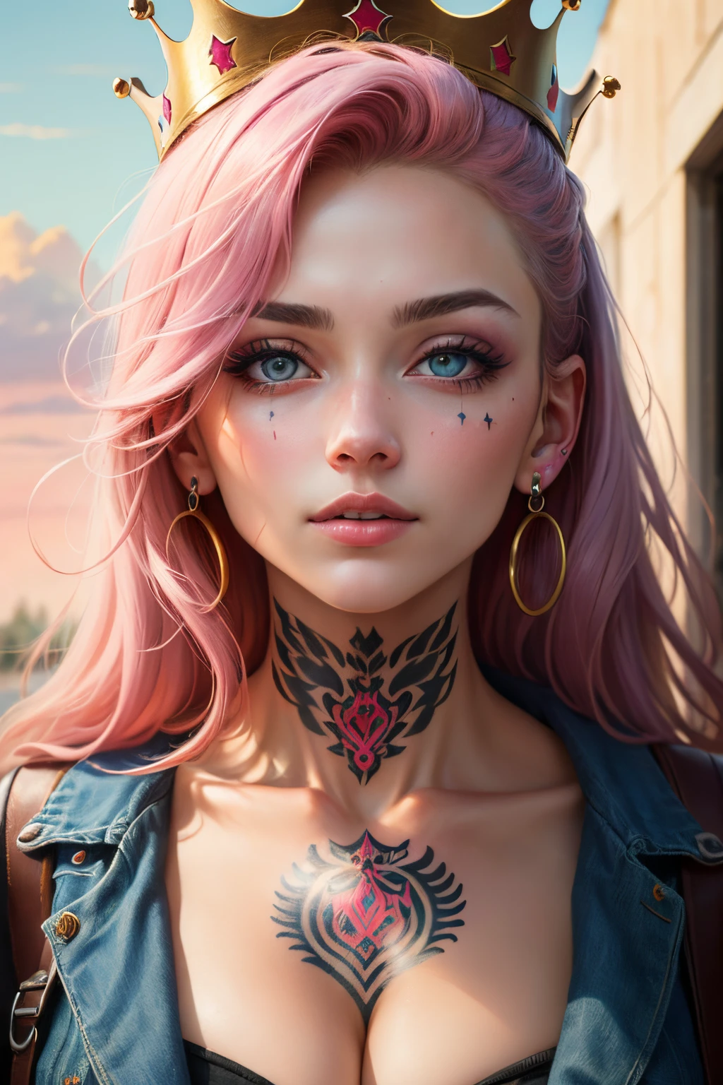 ((Best Quality)), ((Masterpiece)), (Detailed), a perfect face, A girl, ghetto tattoo, crown, piercing on leprosy, circuits, Pink clouds, portraite of a
