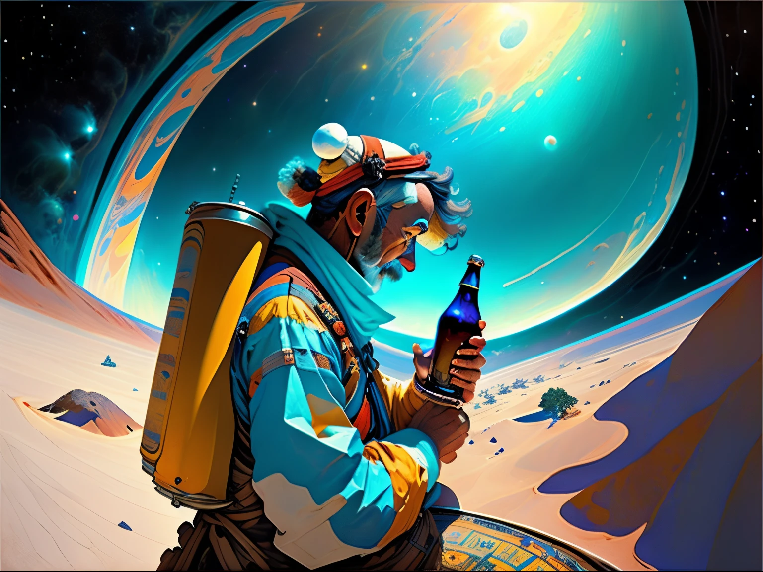 Un homme , un scientifique, navigator à travers un univers de beer, monde imaginaire, couleurs vive