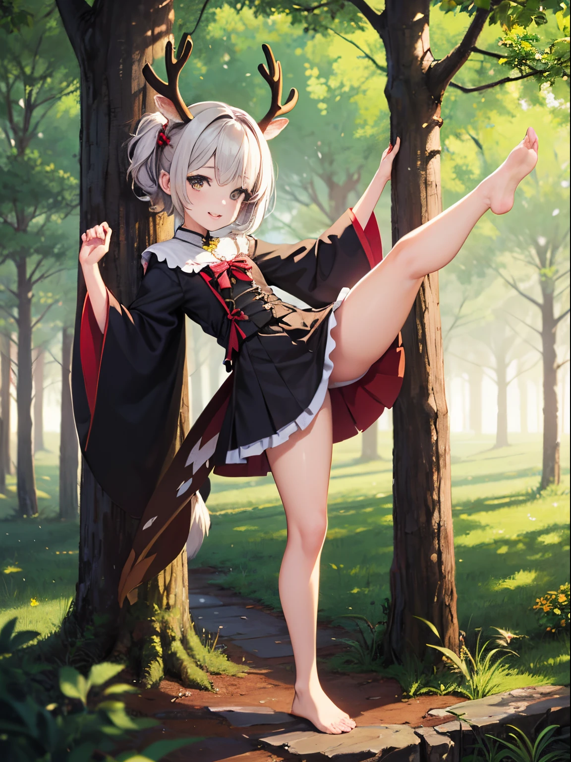 HDR, Excellent quality, 1. A girl, (standingn:1.4) sideways, leg bent at the knees, house, (no shoes):1.2, One arm raised up, petite curvy loli,eye covered, deer ears, Deer tail, short tail, One Tail, with a beautiful face, ssmile, woods
