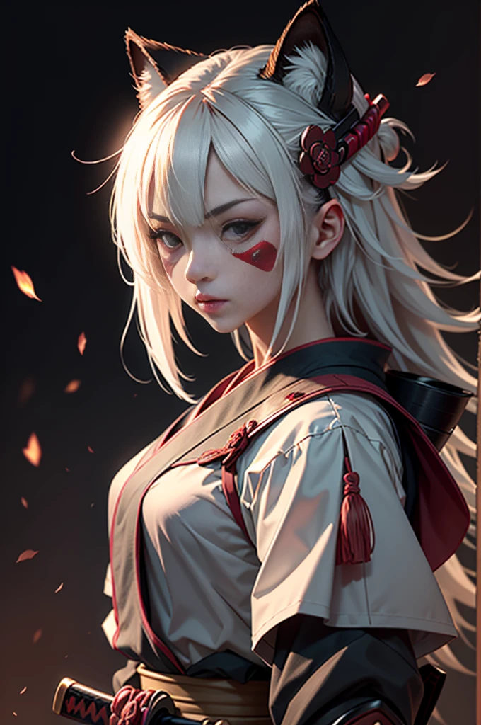 1 girl, samurai, katana, 血, Fox Mask, white colored hair, Dark lighting
