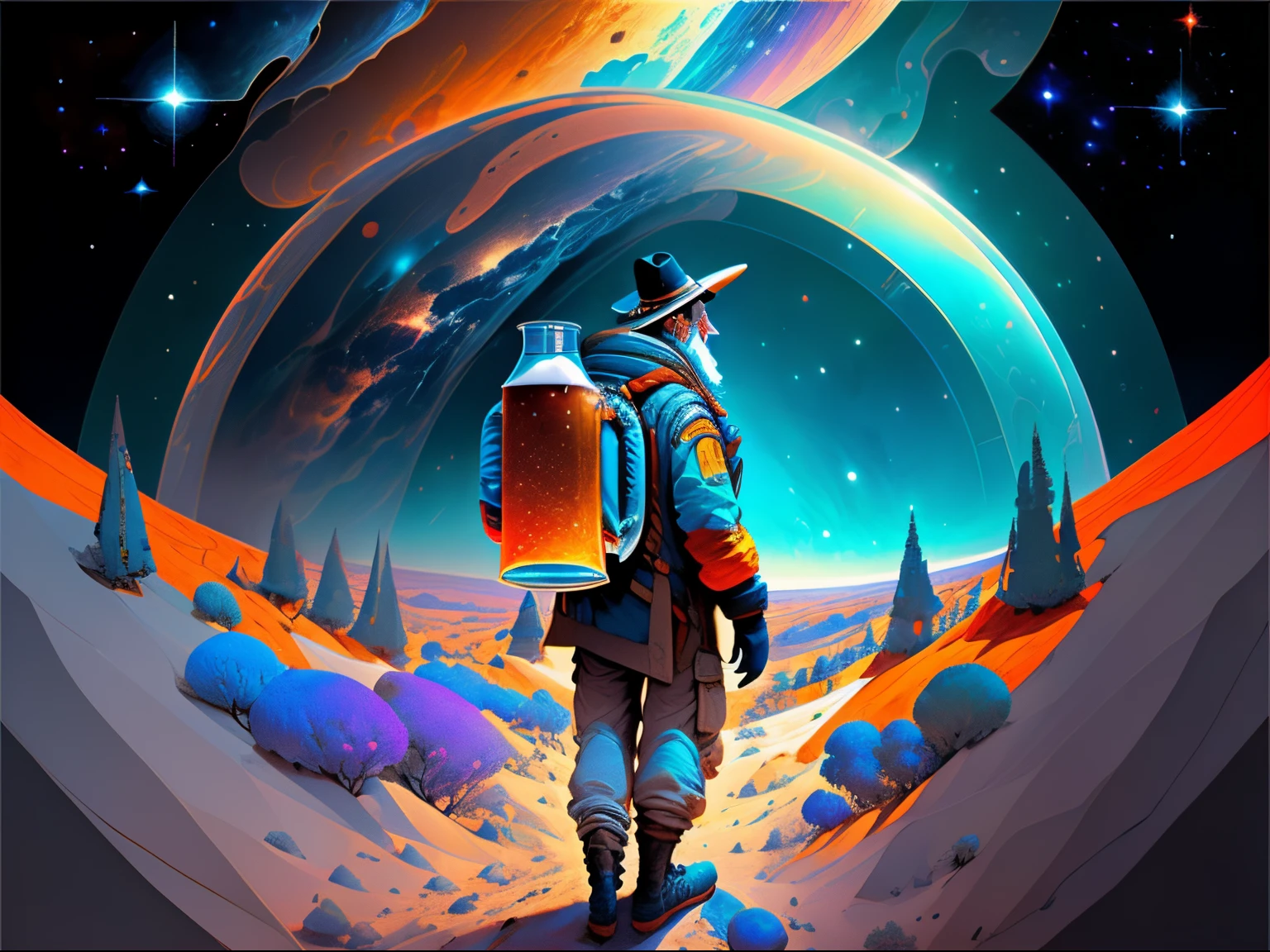 Un homme , un scientifique, navigator à travers un univers de beer, monde imaginaire, couleurs vive