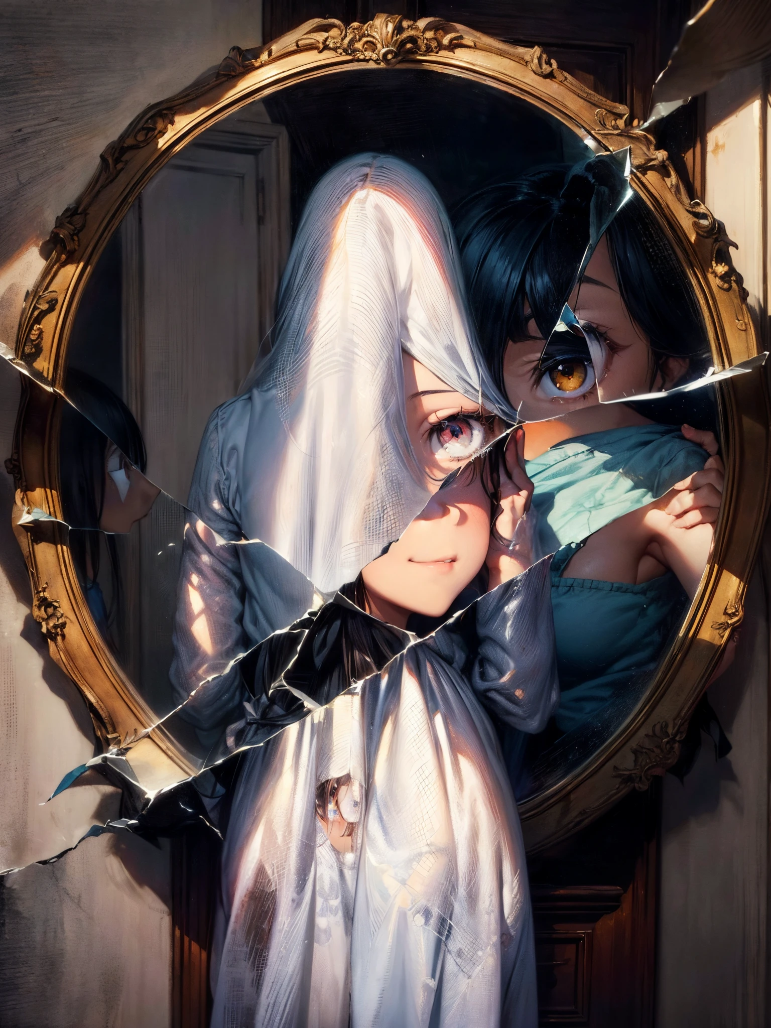 （Back view of a girl in front of a broken mirror with a large crack:1.5), (eye contact with a girl through the mirror:1.5), unpleasant smile, creepy anime image, endless nightmare, painting by Andrew Wyeth, painting by Vilhelm Hammershøi.