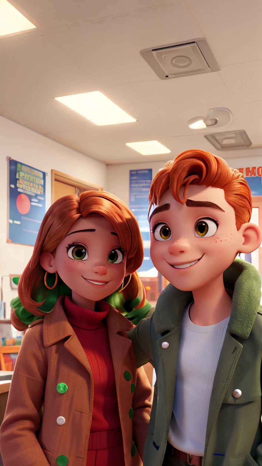 A Colombian light skinned girl smiling wearing a orange red turtle neck an earring on her right ear taking a picture with her boy friend wearing a green army trench coat open with a white shirt he has red hair and a combover hair cut slightly thin hair and freckles