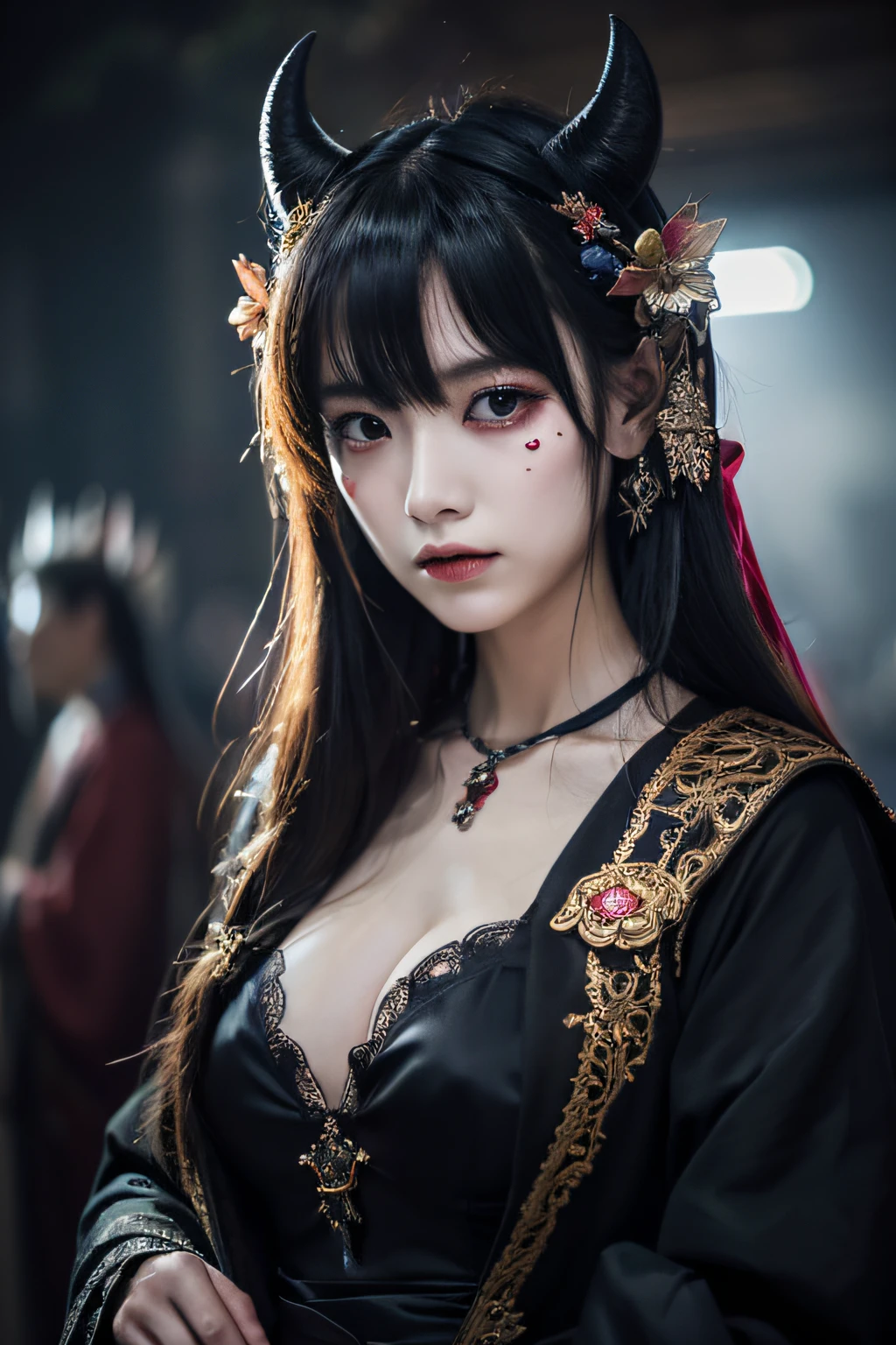 Heroine who fell into darkness、Paint on the face、no horns have grown、Evil atmosphere、the witch、top-quality、realisitic、(faded texture)、in 8K、Detailed skin、Young Asian、18year old、ultra-detailliert、hight resolution、There are shadows on the face、profetional lighting、Colossal tits、complex costume、Delicate costumes、incredibly beautiful costumes、Lots of decorations、Dark Spirits、demon king、Demons、saddened、Lost a loved one、