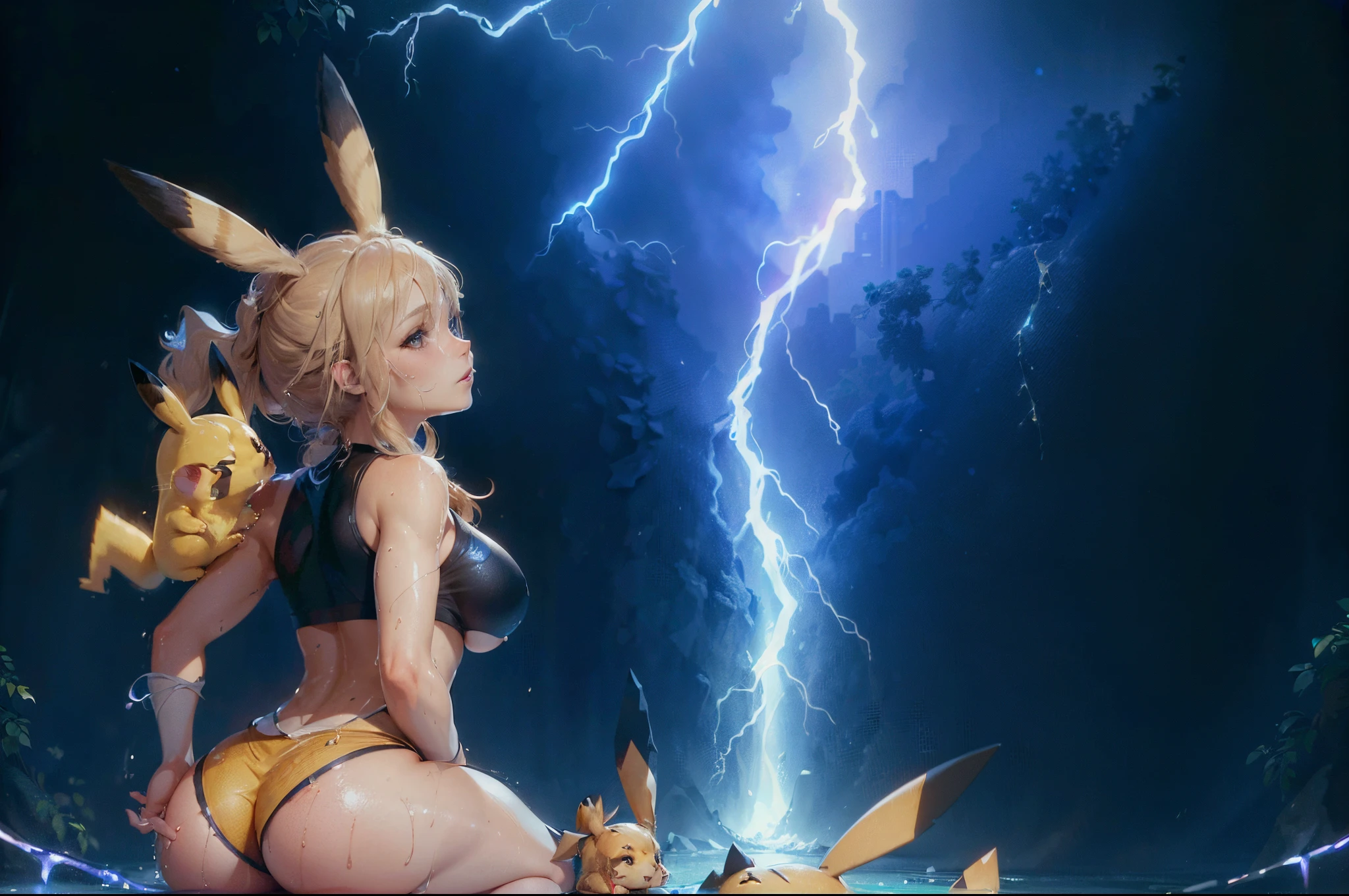 generate a female pikachu with sexy body, big breast, lightning background, thunder background, pika pika, full body picture, pretty makeup, ((low angle camera)), ((looking to the side)), hyperdetail, masterpiece, best quality:1.2),(8k,highres,RAW photo,realistic,photo-realistic:1.3),(detailed skin texture,detailed cloth texture,beautiful detailed face:1.25),professional lighting,photon mapping,beautiful soft light,radiosity,physically-based rendering,model shoot style, model shoot style, (extremely detailed CG unity 8k wallpaper), full shot body photo of the most beautiful artwork in the world, complex 3d render ultra detailed, looking at viewer, 18 yo, wet hair, real human skin, vibrant details, hyperrealistic, beautiful, octane render, 8k, best quality, masterpiece, an extremely delicate and beautiful, extremely detailed ,CG ,unity ,wallpaper, (realistic, photo-realistic:1.37),Amazing, finely detail, masterpiece,best quality,official art, extremely detailed CG unity 8k wallpaper ,extreme detailed eyes, (perfect face), shiny skin, colorful, highest detailed, vibrant colors, ultra high res, (high contrast), intricate, lens flare