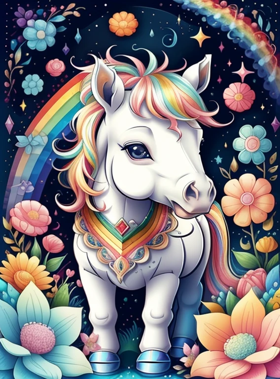 (cute baby pony with a rainbows and flowers), Munchkin ,Geometric multidimensional wall portrait, livro de arte, Tchibi,
Yang08k, Beautiful, Colouring,
Obras, of the highest quality, best quality, Arte Oficial, Beautiful and Aesthetic,
