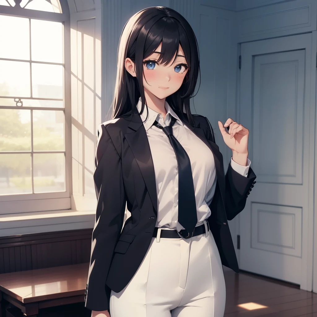 1GIRL , Yukinoshita yukino , Yukinoshita yukino,woman in formal attireactive suit tuxedo tailcoat standing in a large alcove in the room, 1girl, solo, necktie, black hair, blue eyes, long hair, smile, jacket, looking at viewer, shirt, pants, blue necktie, collared shirt, white pants, white shirt, indoors, bangs, long sleeves, closed mouth, window, black jacket, blush, cowboy shot, formal, suit, full body