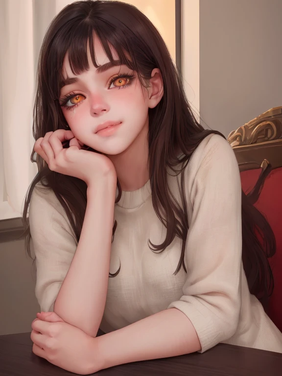 1girl, a girl that is sitting down with her hand on her chin, tumblr, tachisme, dreamy atmosphere, high quality, bored expression, bored, 8k, 4k, hand on her chin, pounting smiling, 18 years old, old picture, frontal picture, , beautiful detailed lips, long hair, dark brown hair, golden eyes, extremely deailed face, long eyelashes, gorgeous face.