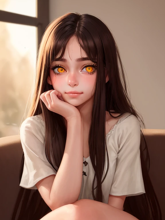 1girl, a girl that is sitting down with her hand on her chin, tumblr, tachisme, dreamy atmosphere, high quality, bored expression, bored, 8k, 4k, hand on her chin, pounting smiling, 18 years old, old picture, frontal picture, 16 years old, beautiful detailed lips, long hair, dark brown hair, golden eyes, extremely deailed face, long eyelashes, gorgeous face.