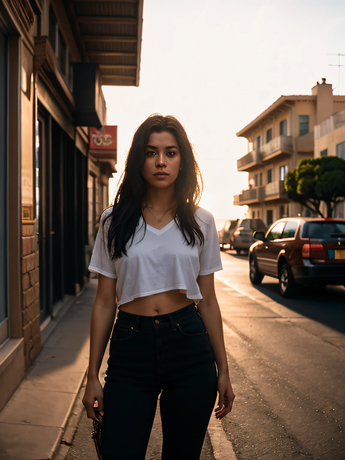 a handsome female, standing on the street in Monaco in the summer. She has long black hair, Sun'rays of light shine on her. in the background there is the ocean and houses in the background Monaco. Sharp, Lee Jeffries Nikon D850 film Stock Photo 4 Camera of Kodak Portra 400 F1.6 lenses, saturated colors, hyper realistic texture, Dramatic Unrealengine Lighting Trend on ArtStation Cinestill 800