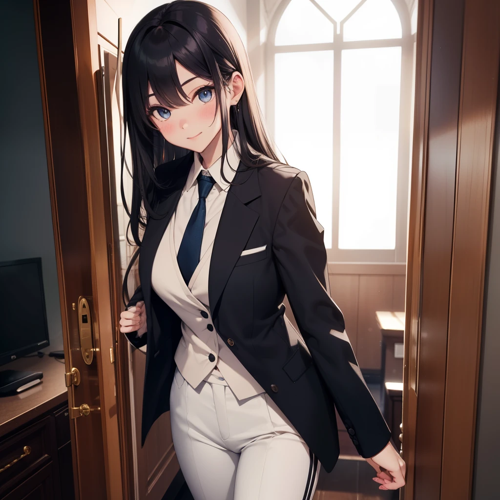 1GIRL , Yukinoshita yukino , Yukinoshita yukino,woman in formal attireactive suit tuxedo tailcoat standing in a large alcove in the room, 1girl, solo, necktie, black hair, blue eyes, long hair, smile, jacket, looking at viewer, shirt, pants, blue necktie, collared shirt, white pants, white shirt, indoors, bangs, long sleeves, closed mouth, window, black jacket, blush, cowboy shot, formal, suit, full body