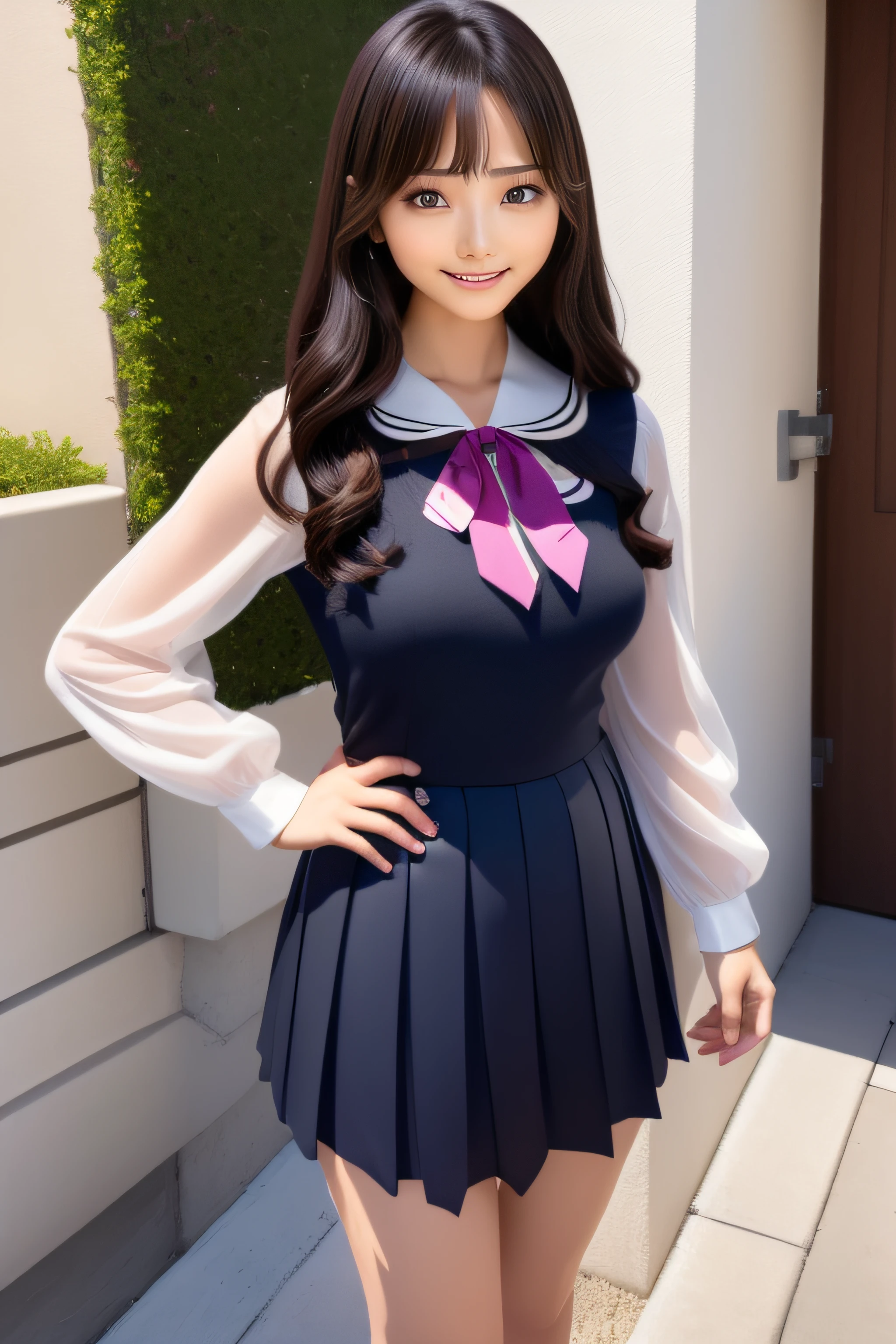 女の子 1 人、Sailor Color Blouse、Long sleeve blouse、neckerchief、s lips、lipsticks、Dark blue pleated skirt、realisitic、skirt by the、独奏、is standing、top-quality、Photorealsitic、​masterpiece、8K、hight resolution、独奏、(((femele)))、flat breast, ((watching at viewers))、(is looking at the camera)、(long)、(profetional lighting、bokeh dof)、Angular view from above、extra detailed face、Fashionable and trendy atmosphere、jpn、Street、a park、((Daytime))、(portlate:0.6)、seducting smile、Gorgeous floating hair、(Particles of light、lensflare、Luminous particles:0.6)、(dynamicposes:1.2)、softlighting、Black hair、Full body、Skinny face、 bangss、s lips、without makeup、short eyelashes、watching at viewers、A smile、Photorealsitic、high-level image quality、masutepiece, Best Quality, 8K, Beautie、Fine details