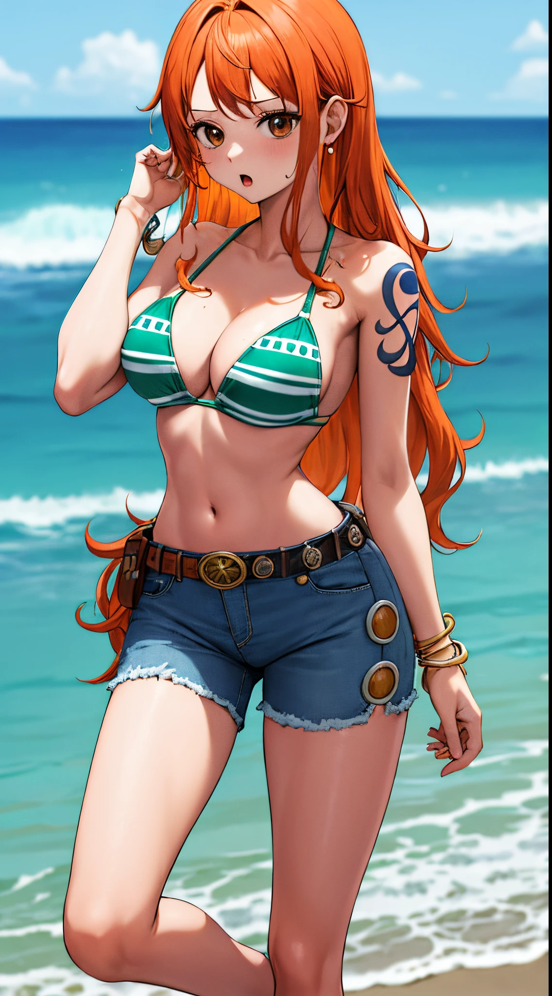 masterpiece, best quality, highres, nami (one piece), long hair, orange hair, brown eyes, earrings, bare shoulders, shoulder tattoo, cleavage, bikini top only, striped bikini, green bikini, bracelet, midriff, belt, jeans, denim, from behind, :o, standing, outdoors, ocean. on back,