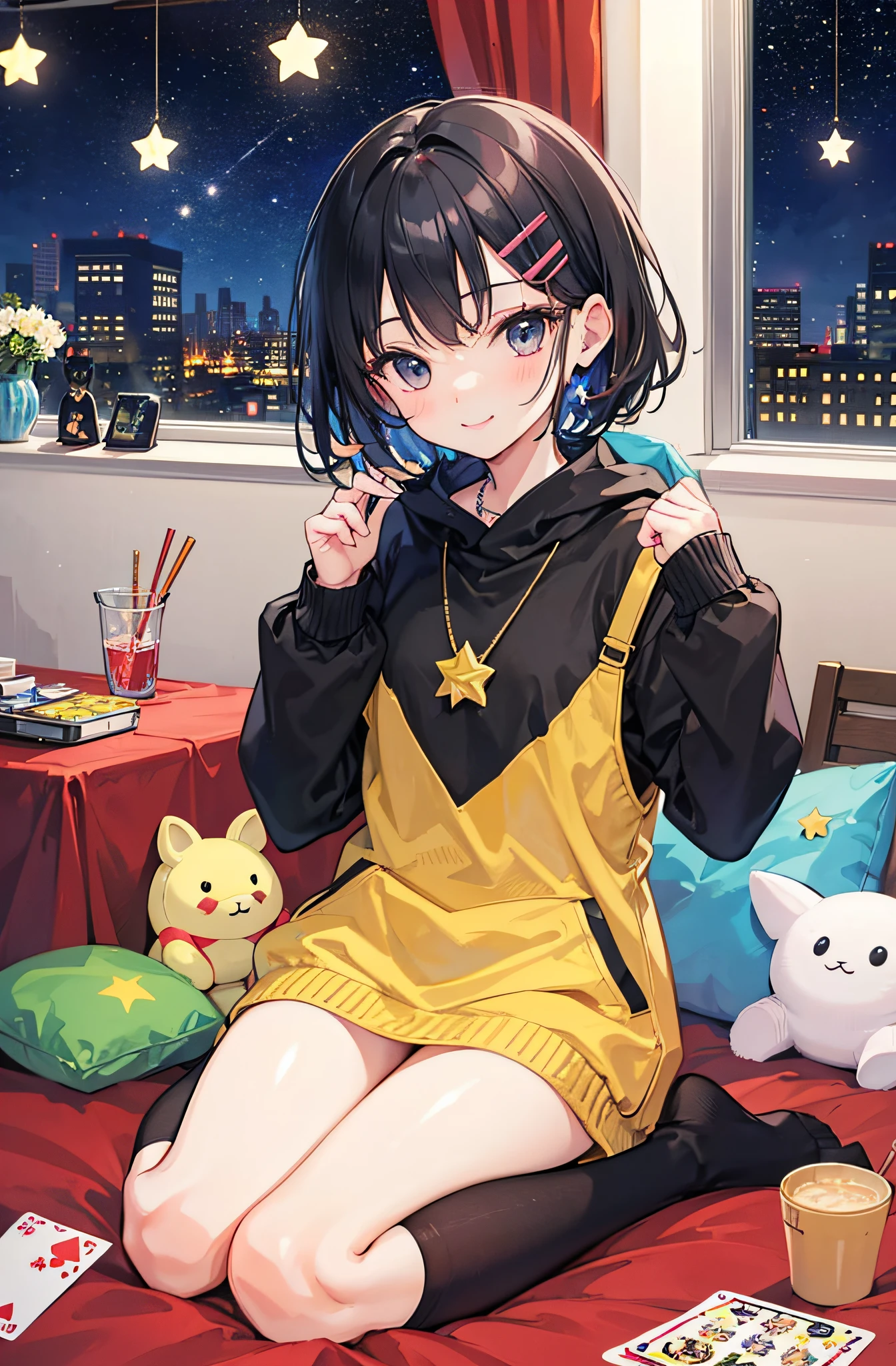 Real Life Anime.girl.girl's own room.Sitting.Kotatsu..(Short black socks).Sitting.(star pattern curtains).Smile.card game.cell phone.Star.planetarium.Nightstand.(White stuffed animal:1.2).(hair clips).Pendants. gaming console.Hands up.Bird