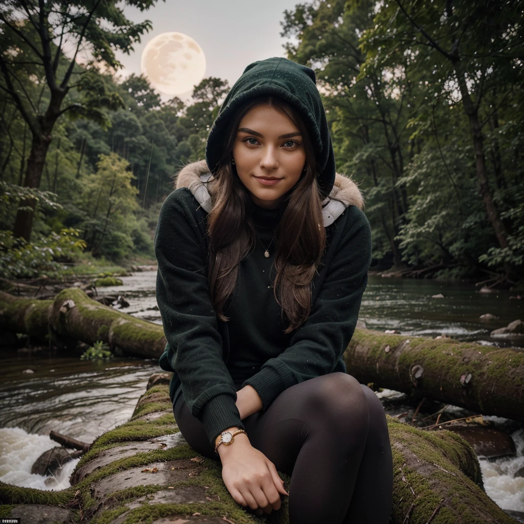 Hanna, a 21-year-old girl, 1.70 meters tall, weighs 49kg, has very long straight hair colored dark purple, has large green eyes, dressed in black leggings and a white winter coat with a brown faux fur hood, she often wears gold earrings and bracelets, she always has a smartwatch on her wrist, sitting on a fallen tree trunk in the middle of a forest in the rain, near a river in the evening with little light, a bright moon in the sky reflecting its light in the river basin, smiling, ultra realistic style, seed 3978045937