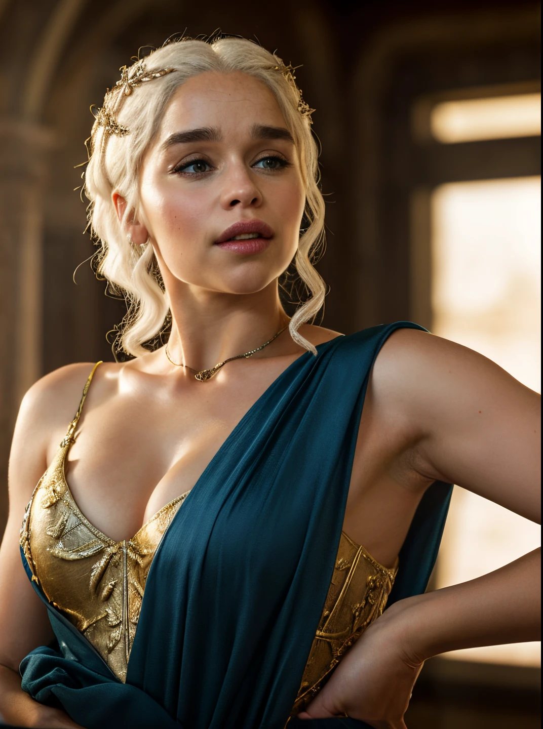 DAENERYS TARGARYEN, Gladiator dress, Full body shot,Mediaeval epic Battlefield background,erotic warrior costume, heroic looks, soft key light, detailed hairy armpits, victory pose, blood in sword,Standing bravely after battle,battle movie scene,cinematic colour grading,blood stains in dress,fought the battle dominantly, DAENERYS TARGARYEN PLAYED BY Emilia Clarke,Queen DAENERYS TARGARYEN,mature,milf, sexy mediaeval battle dress,gladiator woman,body,45 yo Woman,perky breast,alluring figure,big natural breast,mediaeval costumes,mediaeval queen dress,erotic costumes,lusty physique,((detailed face)), ((detailed facial features)),(finely detailed skin), pale skin,(in a highly detailed sexy mediaeval dress,soft natural light, (masterpiece) (perfect aspect ratio), (realistic photo), (best quality), (detailed) photographed on a Canon EOS R5, 50mm lens, F/2.8, HDR, (8k) (wallpaper) (cinematic lighting) (dramatic lighting) (sharp focus) (intricate), RAW photo, RAW photo, gigachad photo,8k uhd, dslr, high quality, film grain, Fujifilm XT3, extremely detailed,photorealistic, realistic,incredibly absurd, highly detailed, sharp focus,(Professional Studio Lighting),(Professional Color Grading), Edge Lighting,Dramatic lighting,Cinematic lighting,Lumen reflections, Soft natural lighting, Soft color, Photon mapping, Radiosity, (Beautiful eyes), (Detailed eyes),  (Detailed face), symmetrical eyes, sharp eyes, cold face, full body), (HIGH LEVEL OF DETAIL), (sweaty),large breasts, high detailed skin, uncharacterized texture, hyper detailed, realistic skin texture, armor, best quality, ultra high res, (photorealistic: 1.4) high resolution, detailed, raw photo, sharp re, by lee jeffries nikon d850 film stock photography 4 kodak portra 400 camera  F1.6 Lens rich colors hyper realistic texture dramatic lighting UnrealEngine trend in Artstation Cinestill 800, veins in the body, (body and fitness), perfect eyes, detailed eyes, detailed skin,