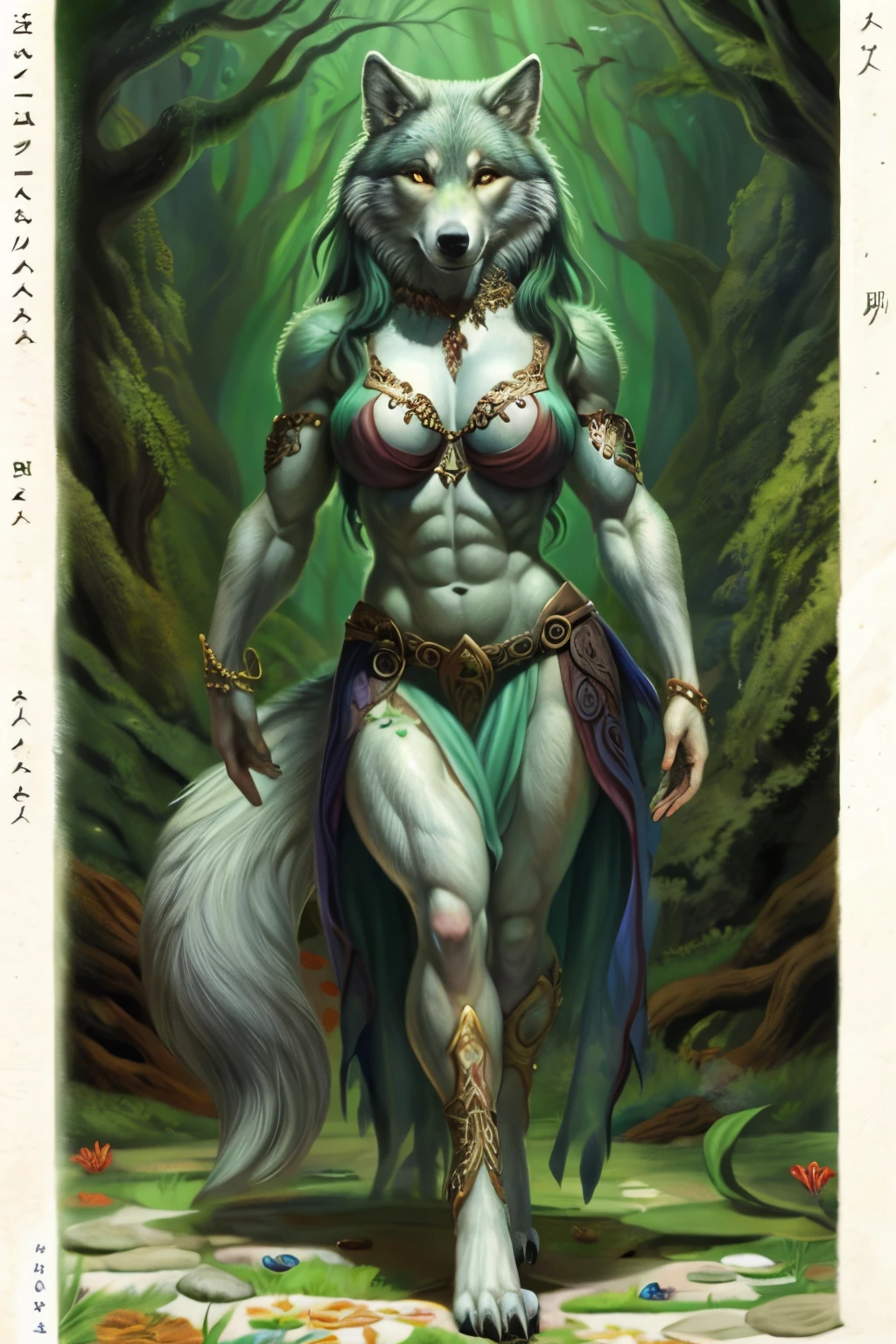 mulher arafida fantasiada andando em uma floresta, muscular female druid, female anthropomorphic wolf, uma mulher berserker muito bonita, um lobo minotauro, arte de fantasia peluda, Tyler Edlin Arte de fantasia, female humanoid creature, epic fantasy character art, bela arte conceitual de corpo inteiro, deusa. Detalhes extremamente altos, arte do personagem de fantasia