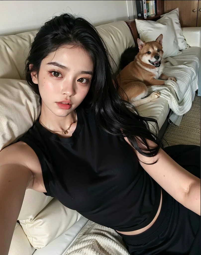 Woman lying on a sofa with a dog in the background, linda mulher coreana jovem, Mulher sul-coreana bonita, mulher coreana jovem bonita, 2 Modelo feminina de 4 anos, gorgeous chinese model, sexy look at the camera, menina coreana, Beautiful Asian girl, ela tem cerca de 1 6 anos de idade, she is wearing a black tank top, Mulher coreana