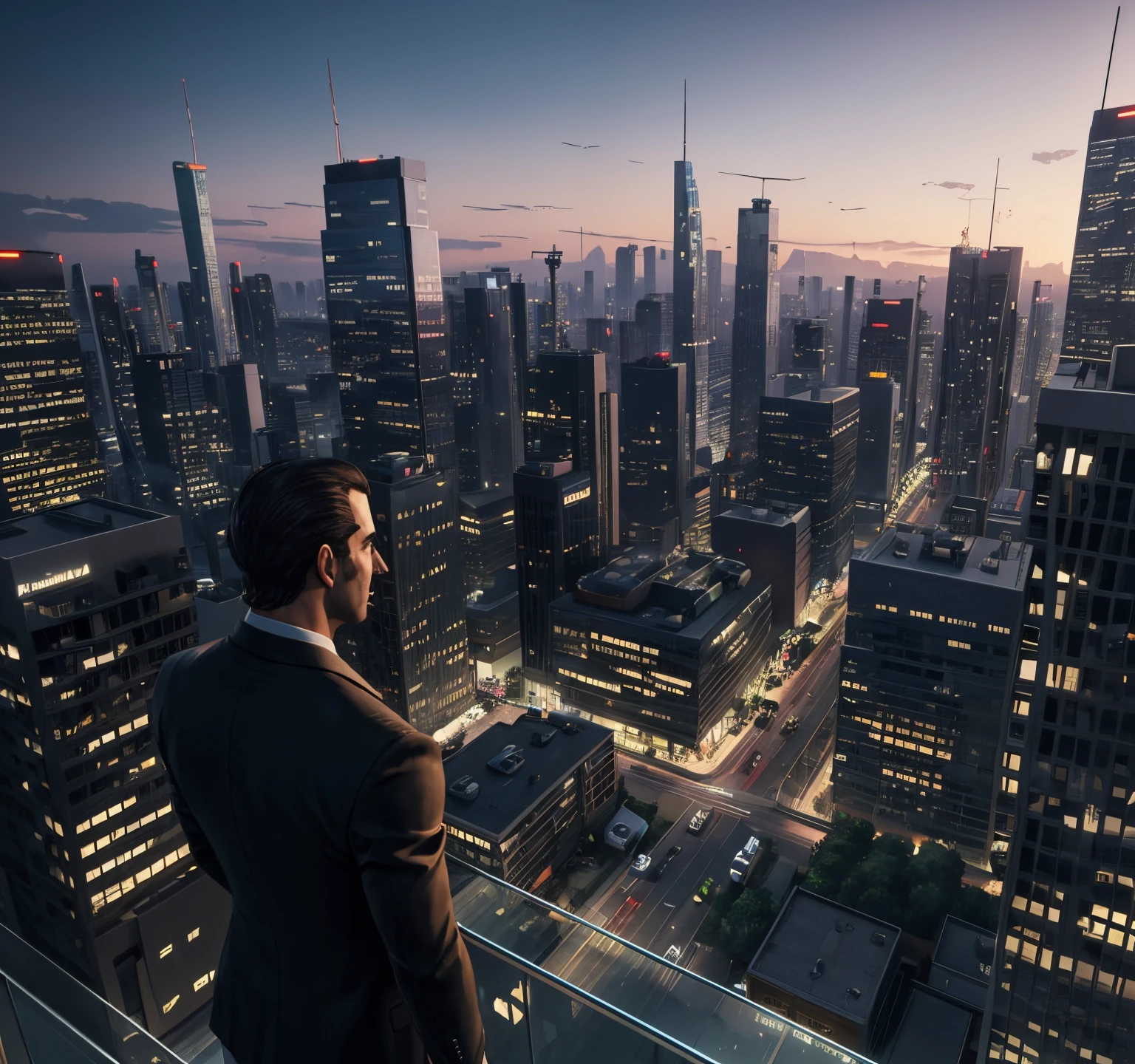 Stunning GTA 5 cityscape, modern skyscrapers graze a twilight sky, busy streets with vintage and modern vehicles, in the foreground a mysterious figure watches the scene from the top of a building, detailed digital illustration, --ar 16 :9 --v 5