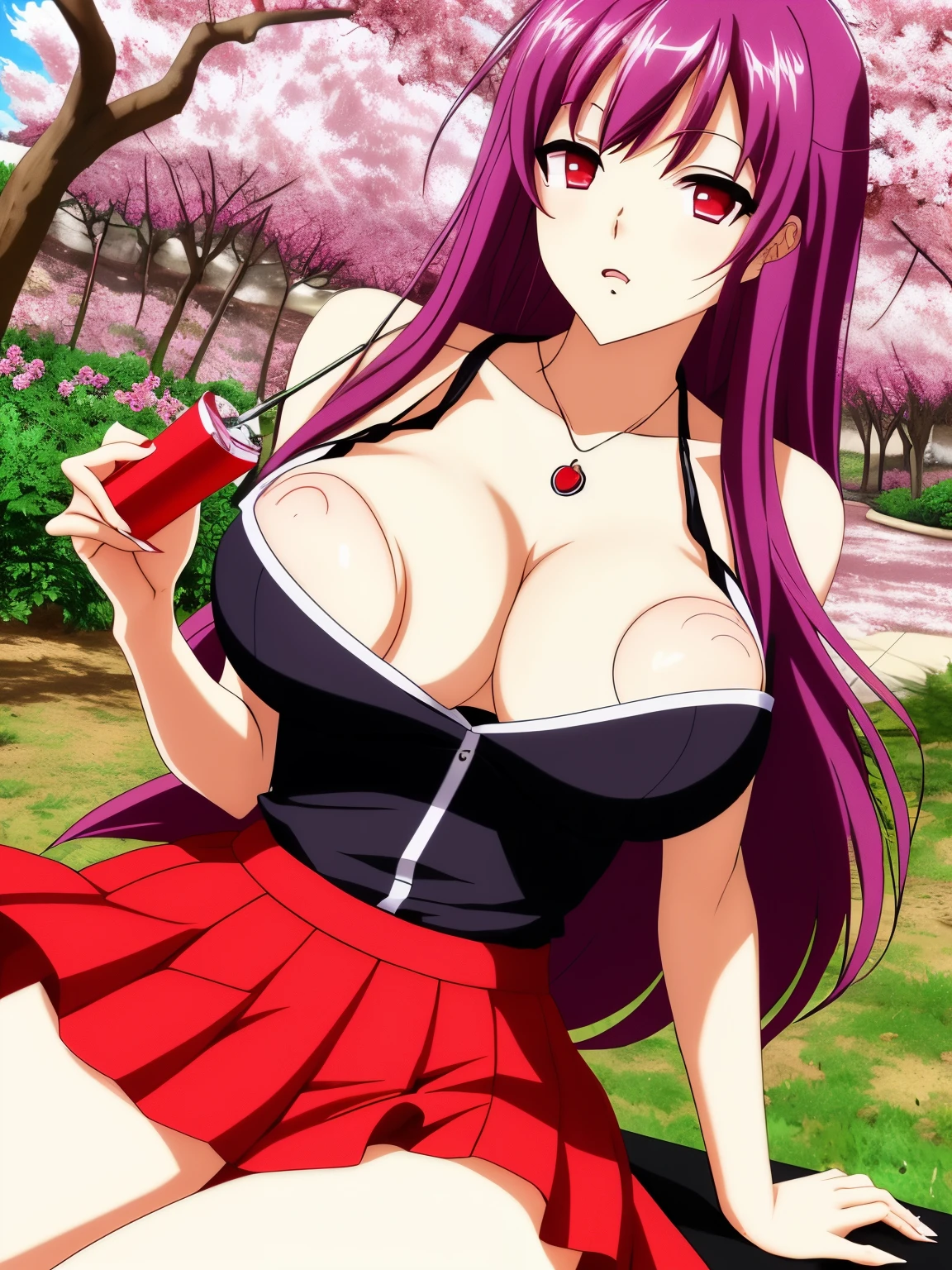 Rias gremory  smoking marijuana, big breasts, red skirt, purple top, cherry blossom background, wallpaper, smoking a blunt, weed