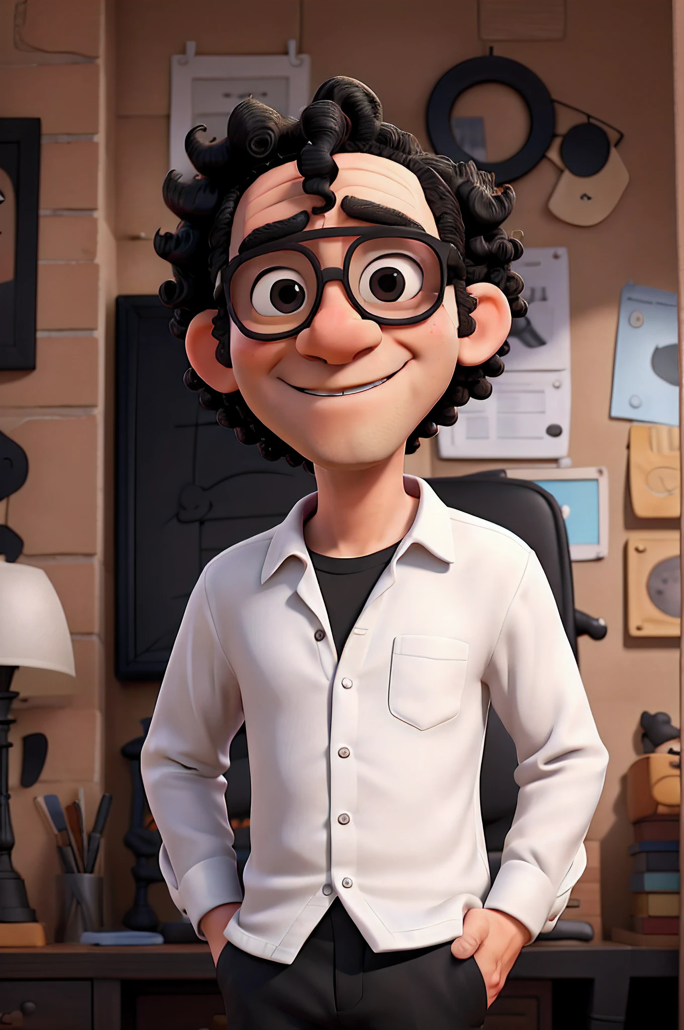 Kevin Sussman, upper body, 60 years old, wearing sunglasses, black short curly hair, black skin, Cartoons in the white shirt and black pants,