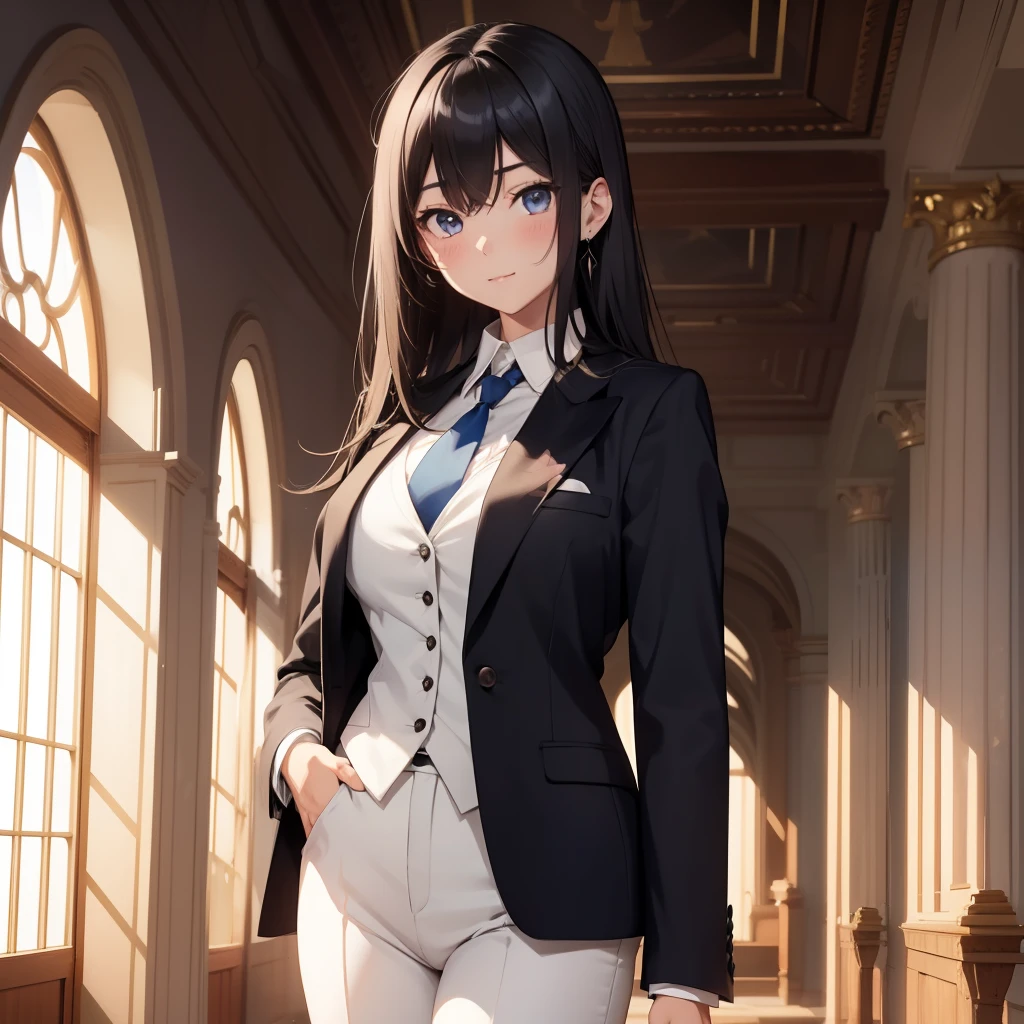 1GIRL , Yukinoshita yukino , Yukinoshita yukino,woman in formal attireactive suit tuxedo tailcoat standing in a large alcove in the room, 1girl, solo, necktie, black hair, blue eyes, long hair, smile, jacket, looking at viewer, shirt, pants, blue necktie, collared shirt, white pants, white shirt, indoors, bangs, long sleeves, closed mouth, window, black jacket, blush, cowboy shot, formal, suit, full body