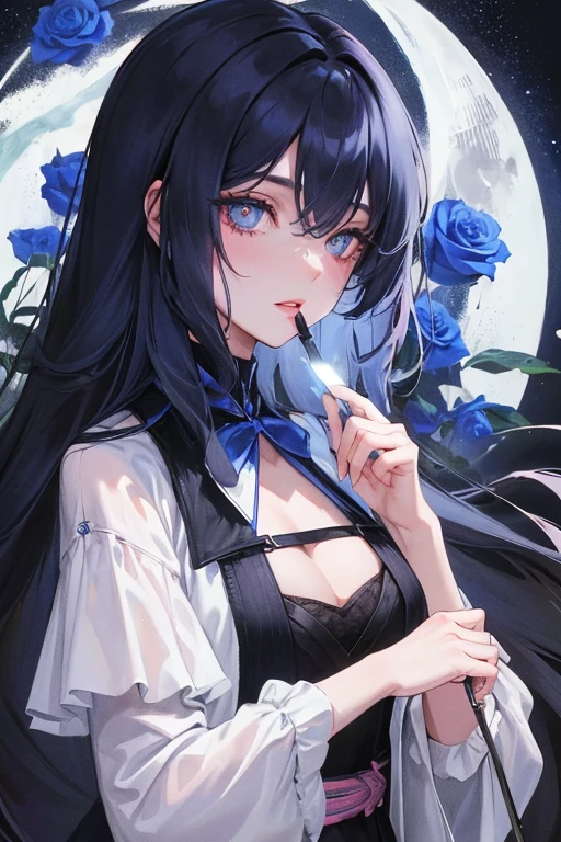 tmasterpiece, Best quality at best, the night, moon full, 1 girl, a matural female, Sister, Black and blue long haired woman, light pink lips, dispassionate, intelligentsia, tribelt, Blue pupil, assassins, short knife, blue rose