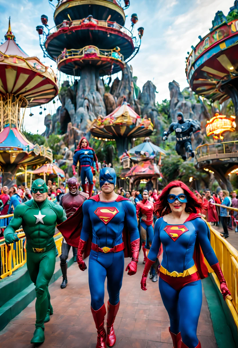 A group of people dressed as real-life superheroes, Stroll through the vibrant、Colorful amusement park. The park is filled with thrilling rides, Large interactive display, and impressive life-size statues of famous comic book characters. Superheroes interact with the audience, Posing for photos, and participate in exciting activities. The atmosphere is vibrant, With dynamic lighting effects, Create a sense of excitement and adventure. The park is crowded with families and children，Bustling, They were all amazed by the immersive and authentic experience. The entire scene was filmed with high-quality cameras, Produce clear and detailed images. Bright and saturated colors, Improve overall visual impact. Feel like stepping into a real-life superhero universe, Where fantasy and reality blend seamlessly.