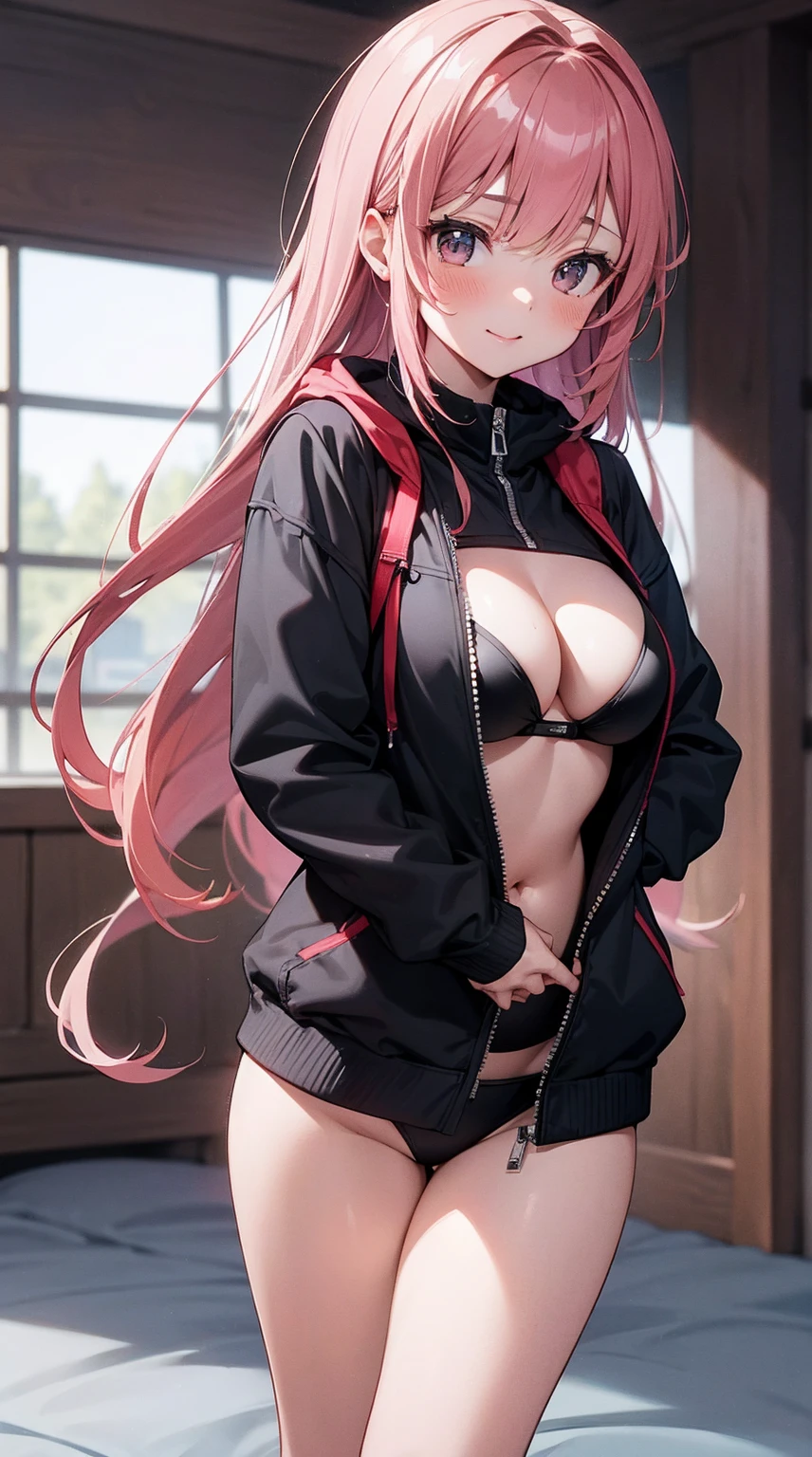 (\lin ni te\), apalpando os peitos, sorriso sexy, (alta qualidade, 8k, obra prima, qualidade ultra, extremamente detalhado, bem colorido, no blurries, foco absoluto, impeccable quality) 1girl, highleg panties, hooded jacket, open jacket, hands, bikini, best quality, highly detailed