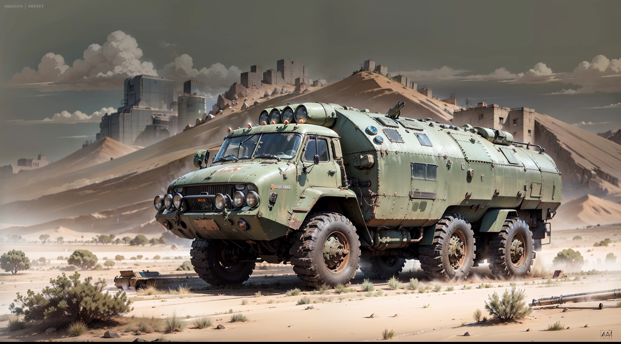 "Soviet military truck Maz537, Ural-4320, Sci-Fi ,Futuristic truck, if & Life Support Module,armored , Surrounded by a gray desert, Side view and drawing , A real drawing of Rain, storm: hiquality, ultra detialed, Brutal,steep ,angular"