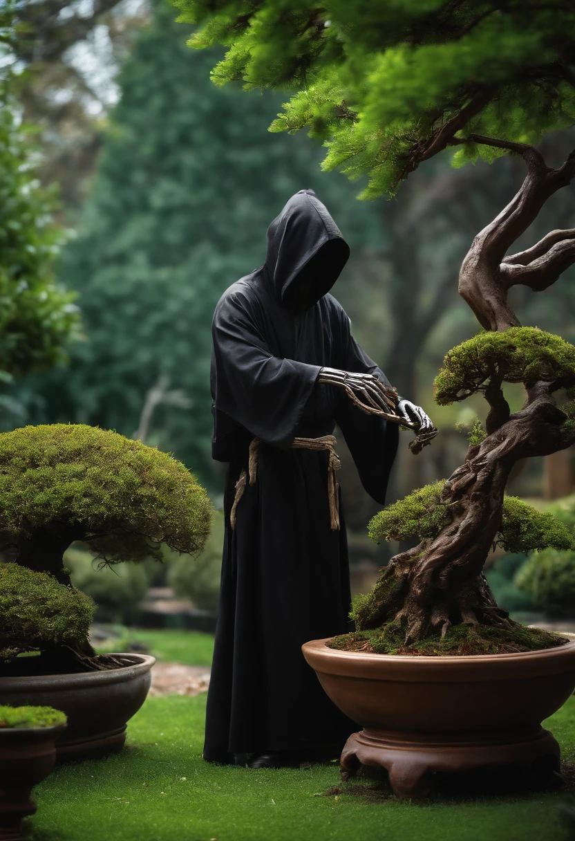 A photo of the grim reaper arranging a stunning and intricate bonsai tree in a peaceful garden,original,grim reaper, male