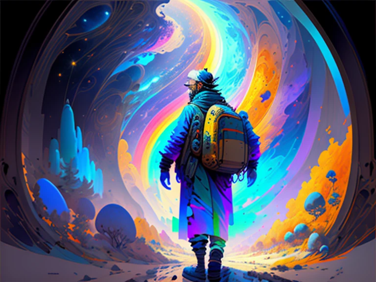Un homme, un scientifique, naviguant à travers un univers de bière, monde imaginaire, couleurs vives