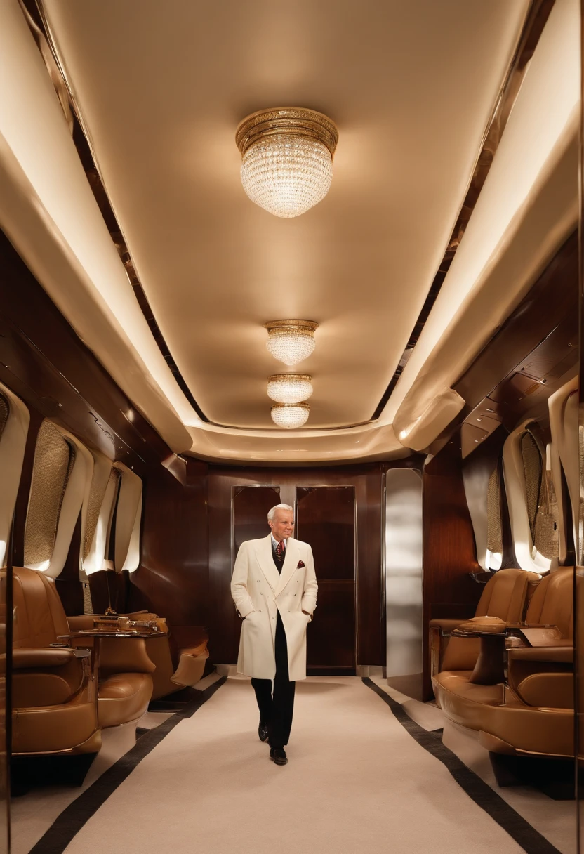 A photo of a private jet on the runway,original,Hugh Hefner, the founder of Playboy magazine, was known for his distinctive appearance: often clad in luxurious silk pajamas or a smoking jacket, paired with a sailor’s cap or a smoking pipe, projecting an image of casual opulence. He maintained a well-groomed look with his hair neatly combed back, and later in life, he was recognized by his mature, yet charming demeanor., male