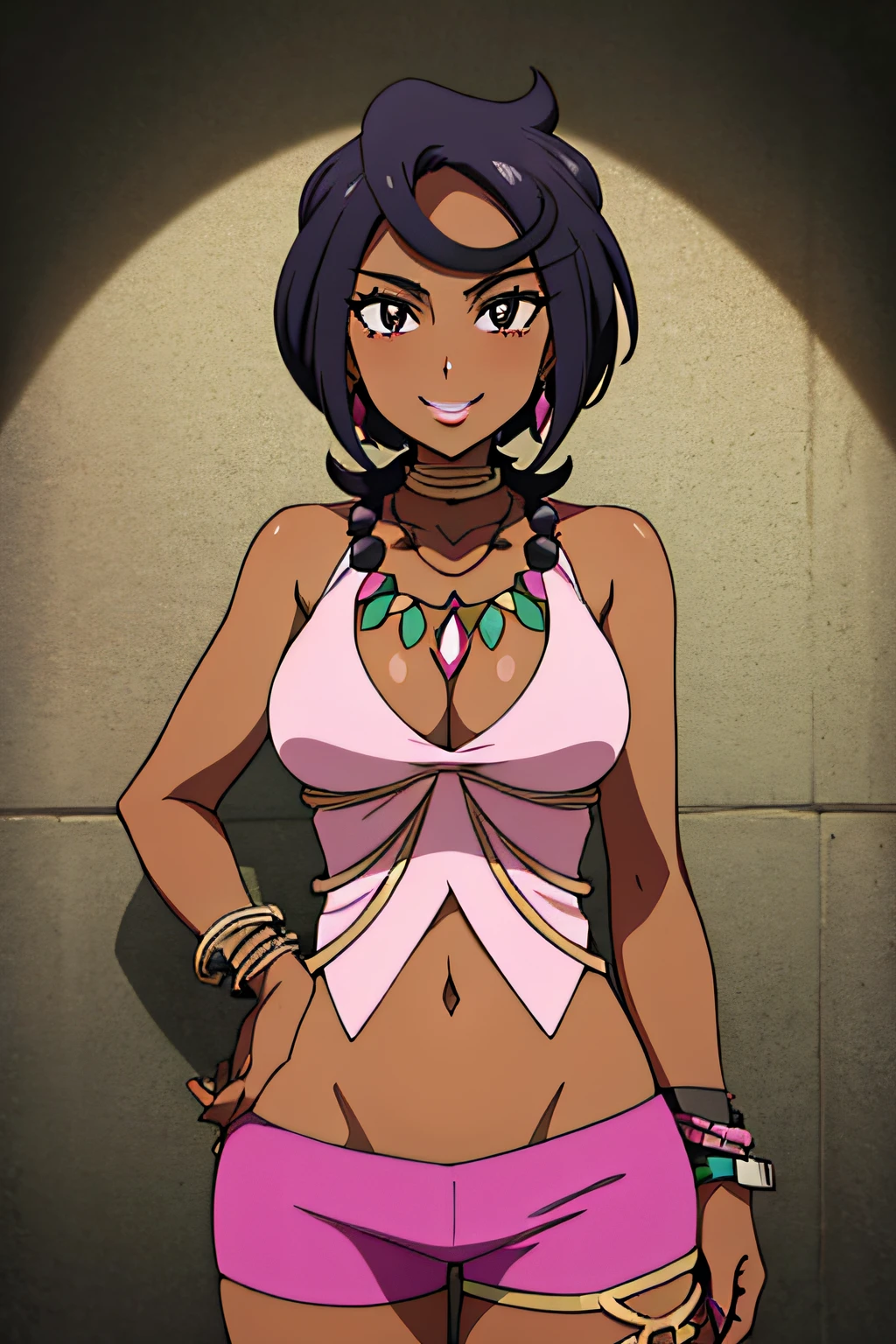 PKMNOLIVIA, DARK SKIN, NECKLACE, BRACELET, NECK RING, CLEAVAGE, PINK SHIRT, BEADS, MIDRIFF, PINK SHORT SHORTS, THIGH STRAP, LIPSTICK, 1girl, solo, facing viewer, looking at viewer, upper body, smile