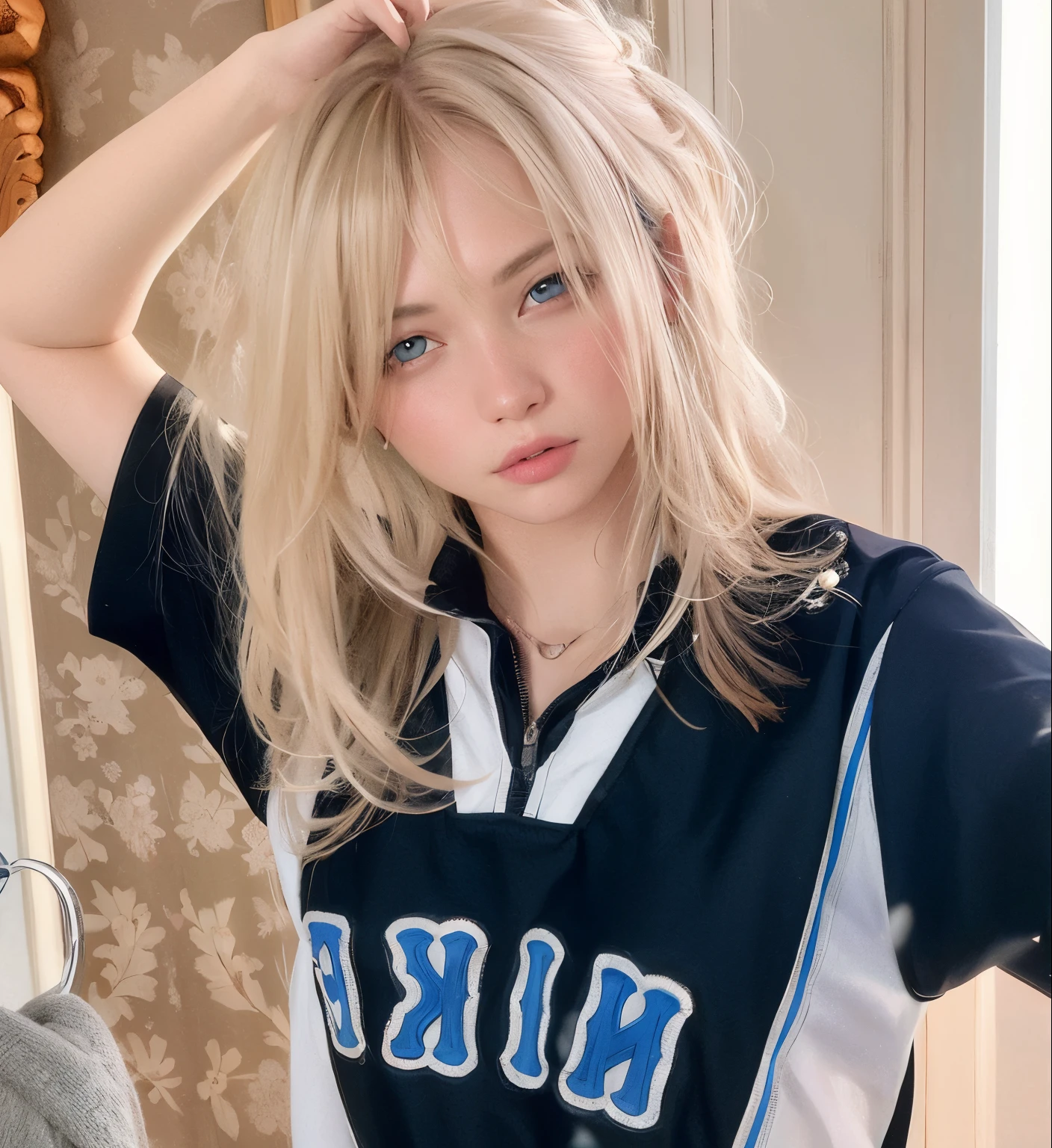 mujer rubia con ojos azules y una camisa blanca y negra, Retrato de Kim Petras, Rena Nounen Estilo 3/4, con flequillo, pale fair skin!!, Lalisa Manobal, Una chica con cabello rubio, cabello rubio y ojos azules, Cabello limpio con flequillo, con flequillo completo, Anna Nikolanova aka Newmilky, cabello rubio ojos azules