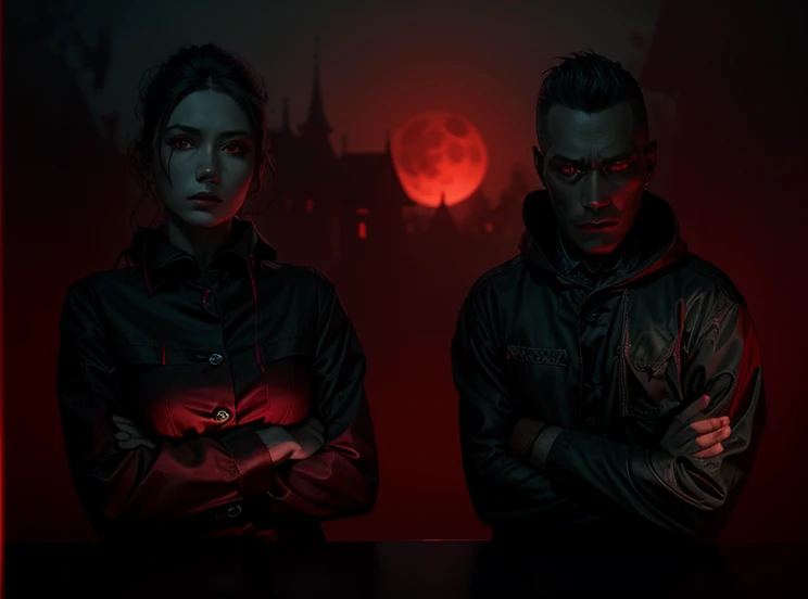 Men on left, women on right, haunted Mansion on background. Haunted forest, red Moon, red light, professionnal lights. Dramatic, horror ambiance.