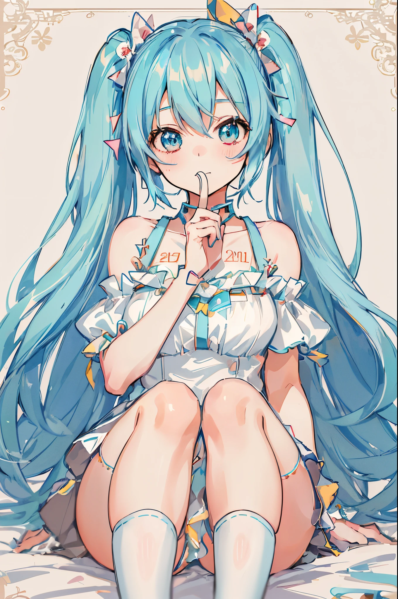 a cartoon girl with long blue hair sitting on a bed, seductive anime girl, mikudayo, hatsune miku portrait, anime moe artstyle, portrait of hatsune miku, miku, hatsune miku, top rated on pixiv, pretty anime girl, hatsune miku short hair, popular on pixiv, high quality anime artstyle, anime girl with teal hair