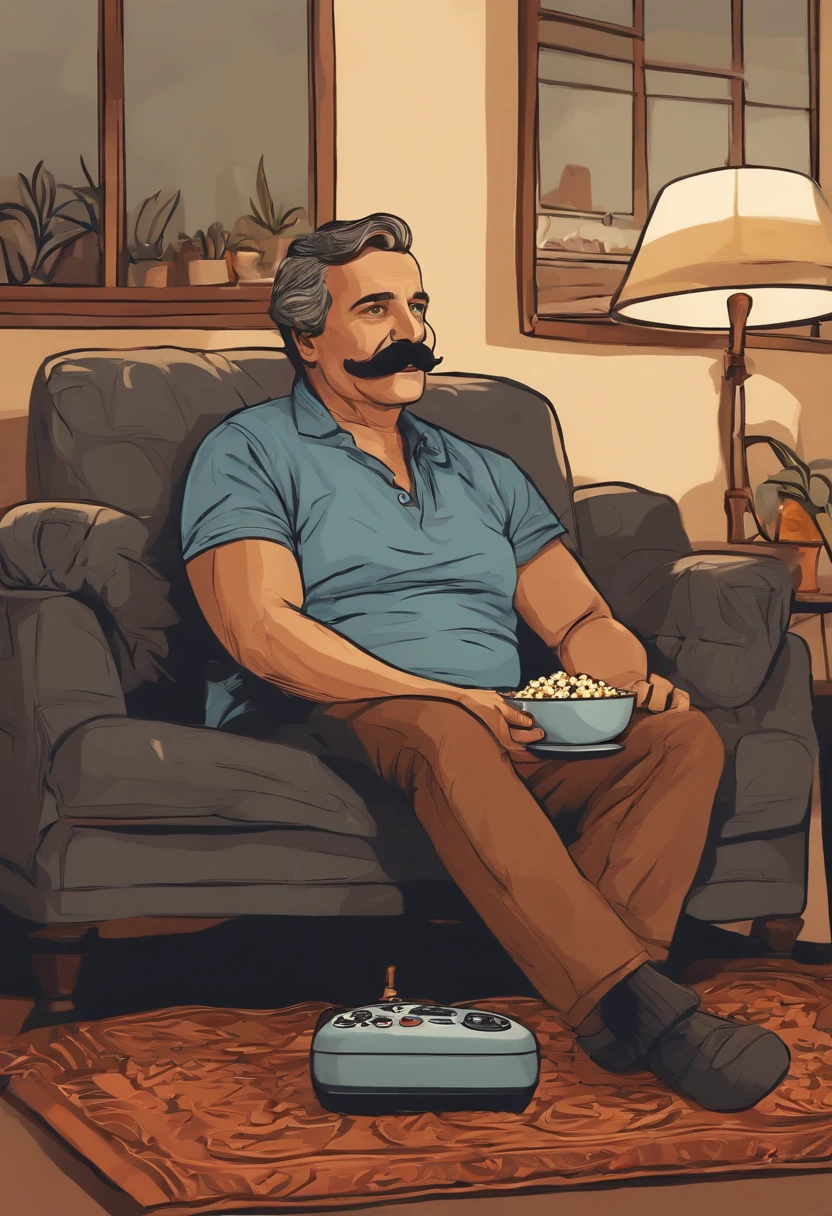 An image of Let's Pretend sitting on the couch with a bowl of popcorn and a remote control, surrounded by cozy blankets and pillows.,original,A 45 year old man with Grey mustache , male