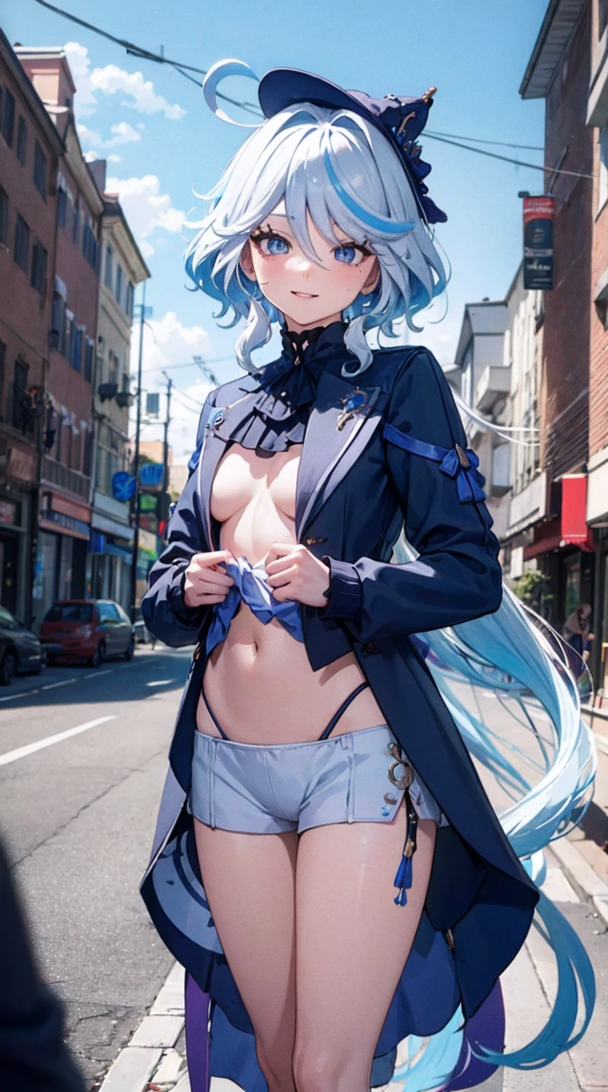 furina, apalpando os peitos, sorriso sexy, (alta qualidade, 8k, obra prima, qualidade ultra, extremamente detalhado, bem colorido, no blurries, foco absoluto, impeccable quality) 1girl, highleg panties, hooded jacket, open jacket, hands, bikini, best quality, highly detailed