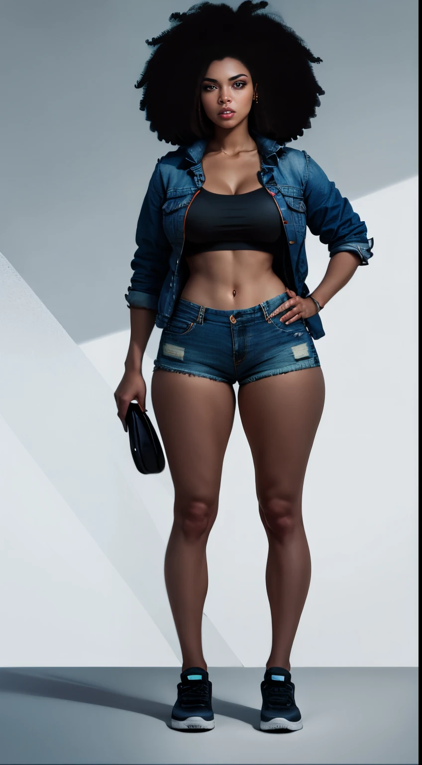 (best quality,highres),sexy woman with large breasts,athletic body in a jacket,short denim shorts,mid-calf socks,Nike sneakers,afro hair at night,moody lighting,realistic style,vibrant colors