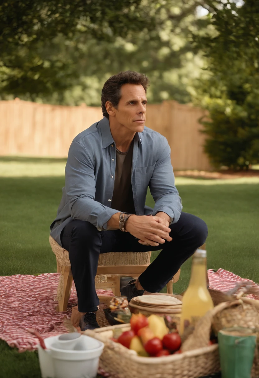 A photo of Greg attempting to set up a surprise picnic in the backyard,Meet the Parents film series,Greg Focker, the fictional character portrayed by Ben Stiller in the “Meet the Parents” film series, presents as an everyman with a relatable and approachable demeanor. He has an average build and height, with a generally unassuming appearance, often dressed casually in a way that underscores his down-to-earth and slightly awkward personality. His expressive facial features often convey his frequent discomfort and the comedic anxiety he experiences in various situations throughout the series., male