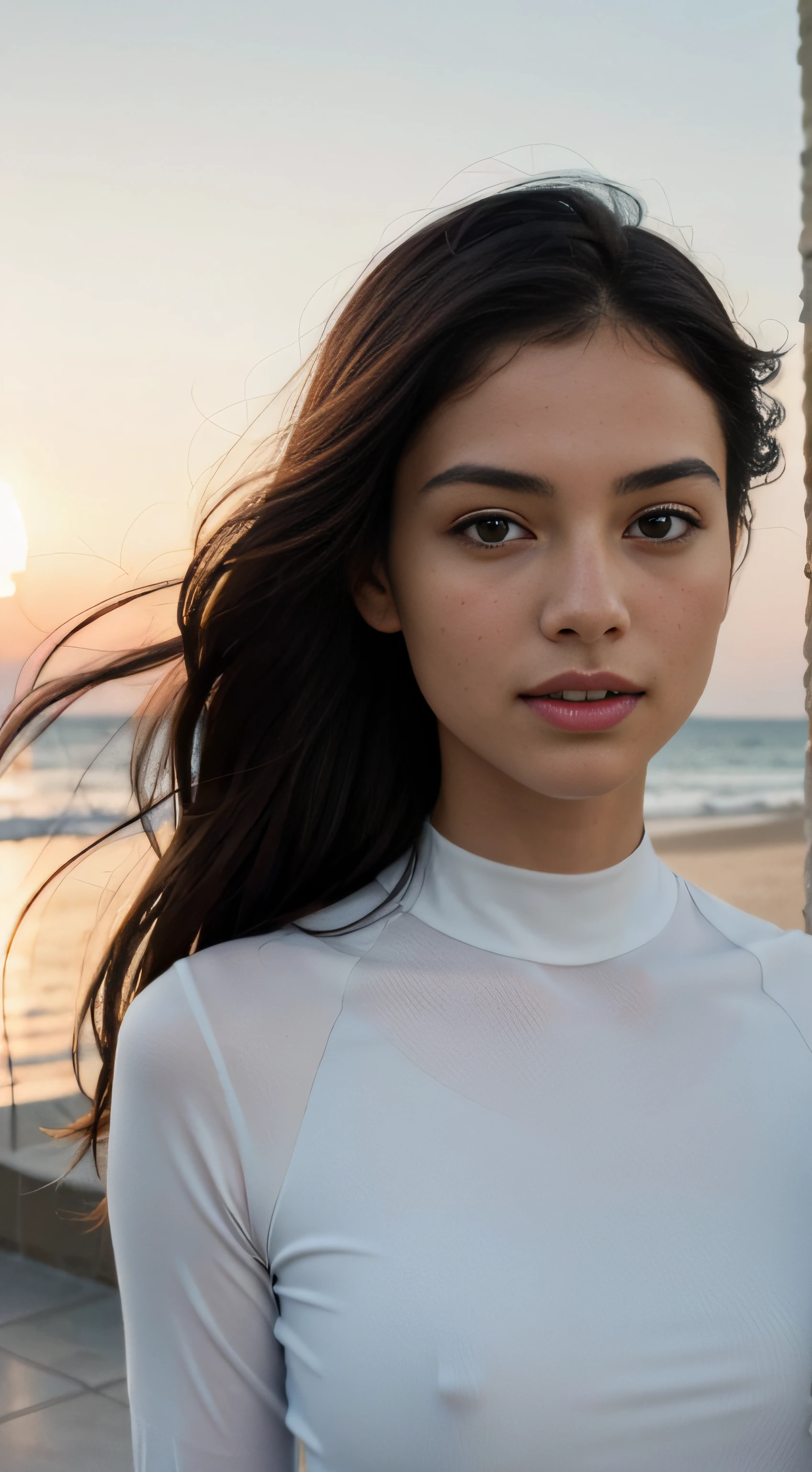 Create a hyper-realistic and detailed image of a digital influencer in the described context..... A young woman, Very feminine, With delicate, Symmetrical, and an incredibly beautiful face. Her eyes should be piercing light brown...., And she is&#39;straight-on, black hair gently falls on her shoulders. She is dressed in elegant, minimalist running outfit. She serenely walks along the promenade near the beach., on a gentle background, charming sunset, casting soft orange and pink hues across the landscape. Her gaze is calm and captivating, and her tender, a gentle smile seems to invite you to a friendly conversation. The facial expression must be masterfully sculpted..., induce a feeling of peace and confidence.. soft-lighting, coming from the direction of sunset, giving the skin a slight glow and highlighting facial features with golden light.. Camera angle: Slightly tilted upward, giving it greatness, but accessible look. The image style should be inspired by the portrait technique of photographer Annie Leibovitz...., with modern, fresh twist. postprocessed: give the skin a slight smoothness and highlight the eyes, which will become alluring windows into the soul..