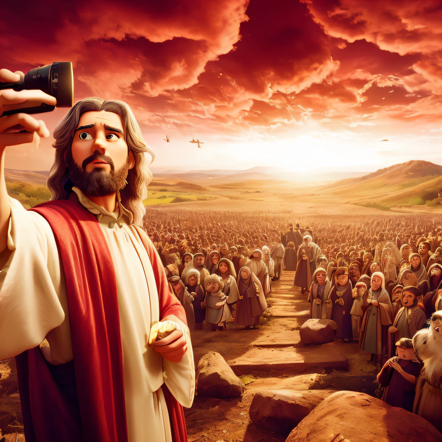 cria uma imagem do grande pregador George Whitefield, looking directly at the camera lens, your gaze is firm and wise, preaching to a large crowd of people, de uma plataforma na igreja, cinemactic, poster, fotografia, Estilo Disney Pixar
