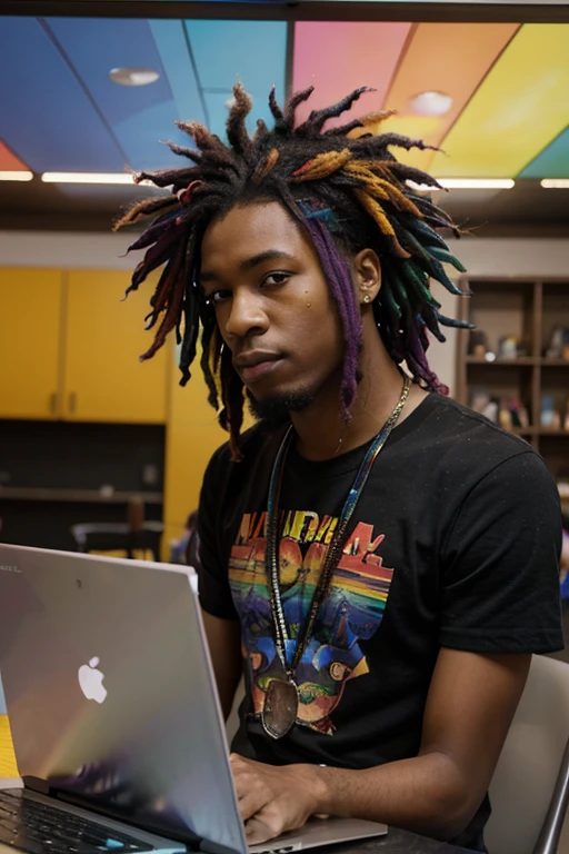 Disney Pixar, black Man with colorful rainbow dreads hairstyle making money using laptop with dollars falling from ceiling