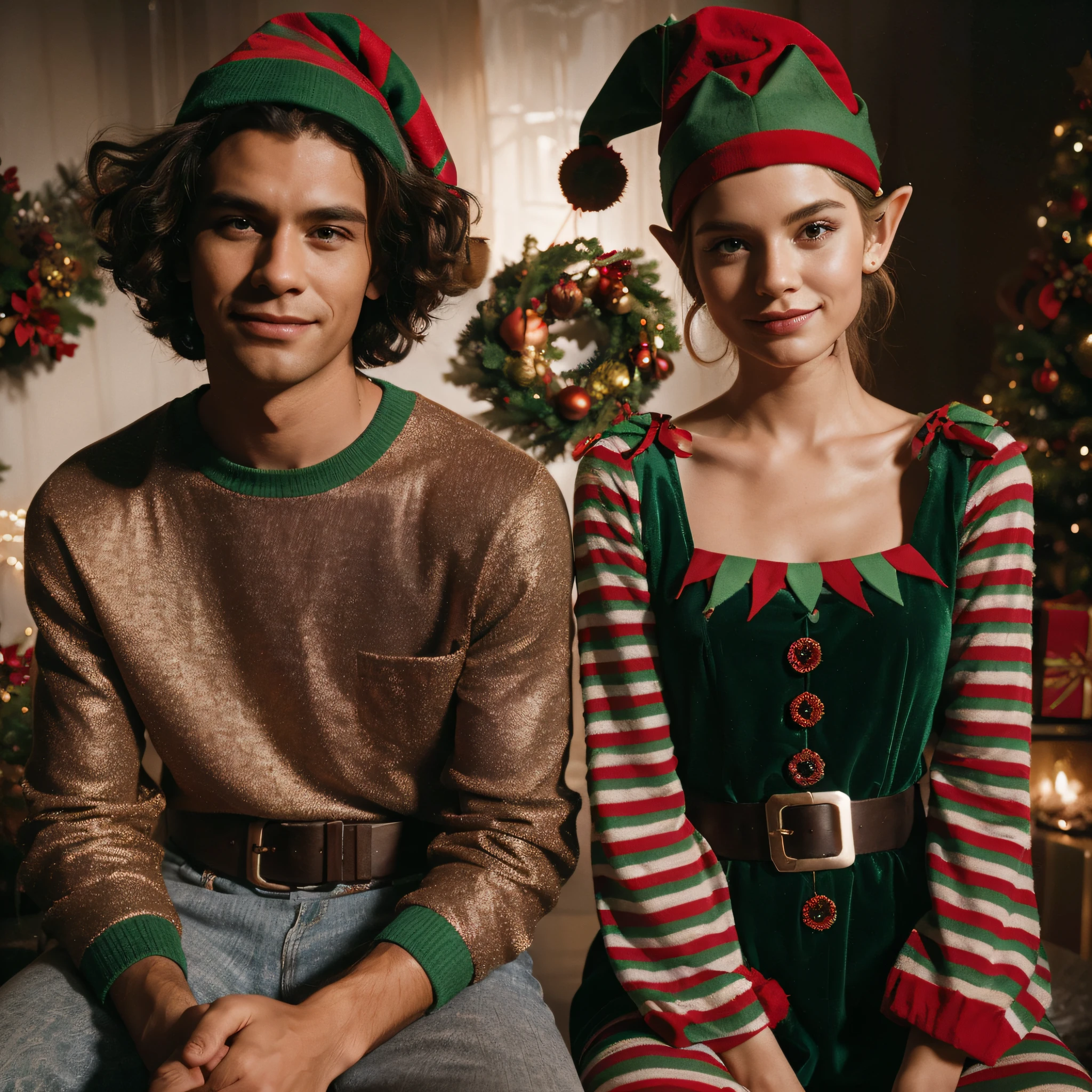 Photo from a modern fashion shoot of a slightly smiling diverse male and female in festive elf fashion, with a holiday background, warmly lit, Kodak Portra photo style