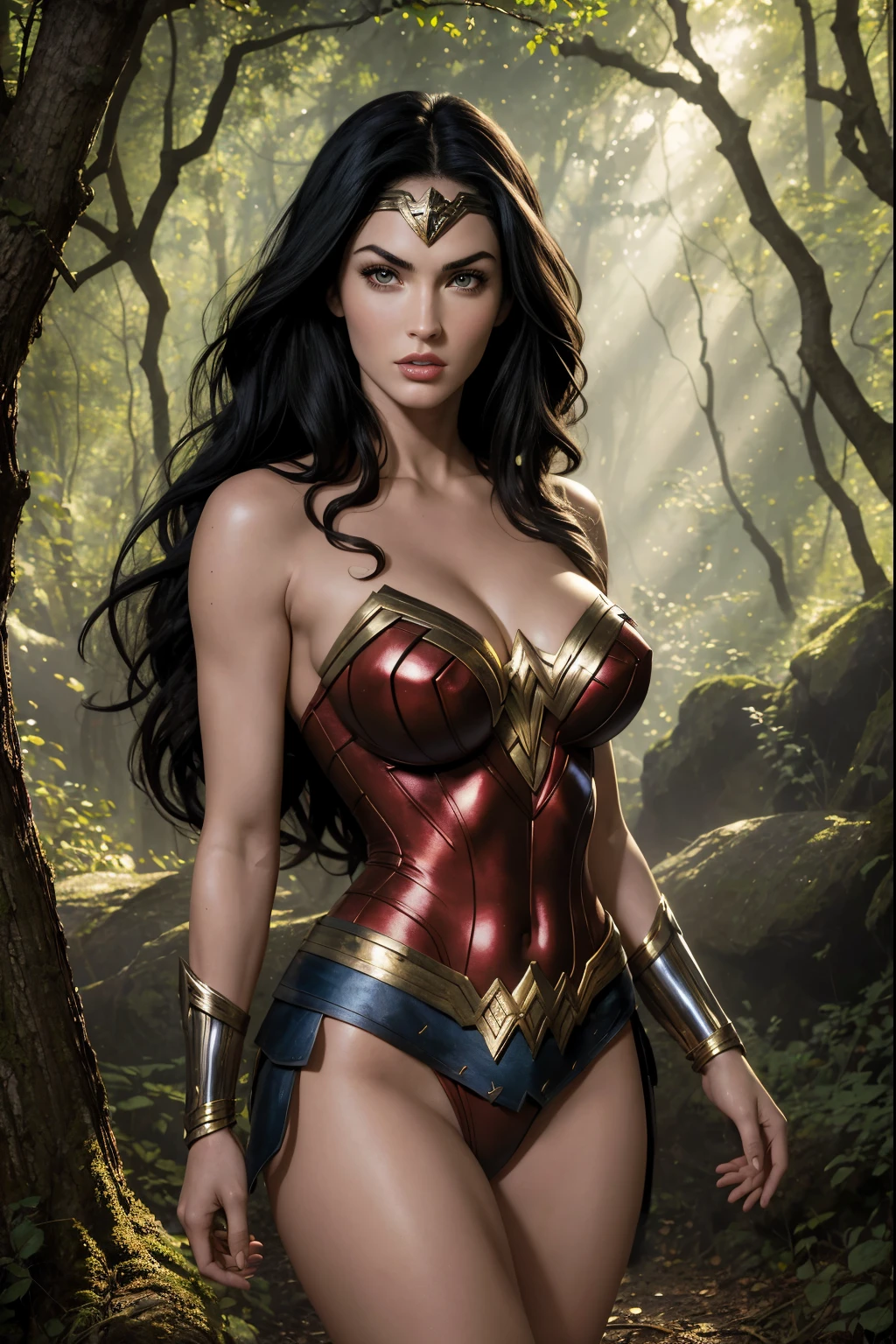 Art image of megan fox as a sexy Wonder Woman, busty, beautiful, black hair, large breasts, outside in woods adequate evening sunlight on face, by Louis Royo, Boris Vallejo, Frank Frazetta, extreme focus, sharp details, sexy,