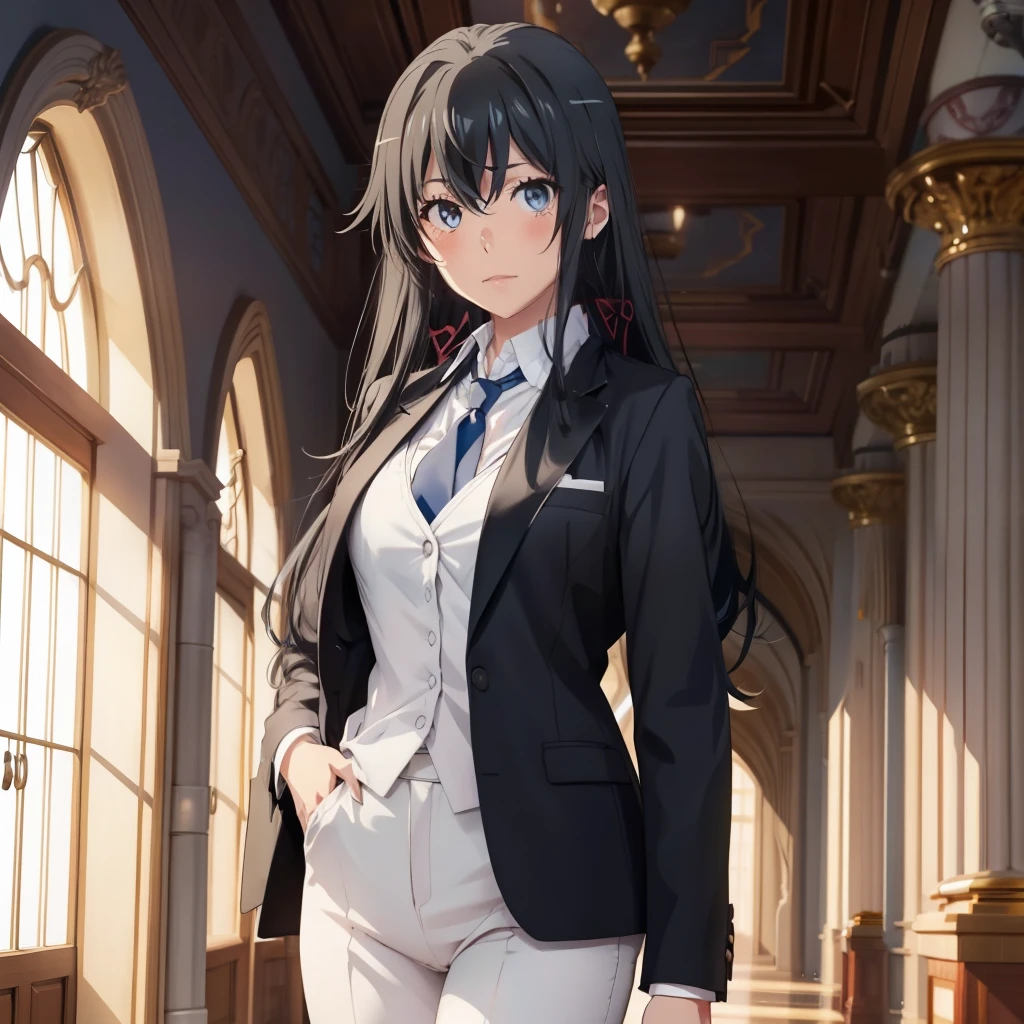 1GIRL , Yukinoshita yukino , Yukinoshita yukino,woman in formal attireactive suit tuxedo tailcoat standing in a large alcove in the room, 1girl, solo, necktie, black hair, blue eyes, long hair, smile, jacket, looking at viewer, shirt, pants, blue necktie, collared shirt, white pants, white shirt, indoors, bangs, long sleeves, closed mouth, window, black jacket, blush, cowboy shot, formal, suit, full body